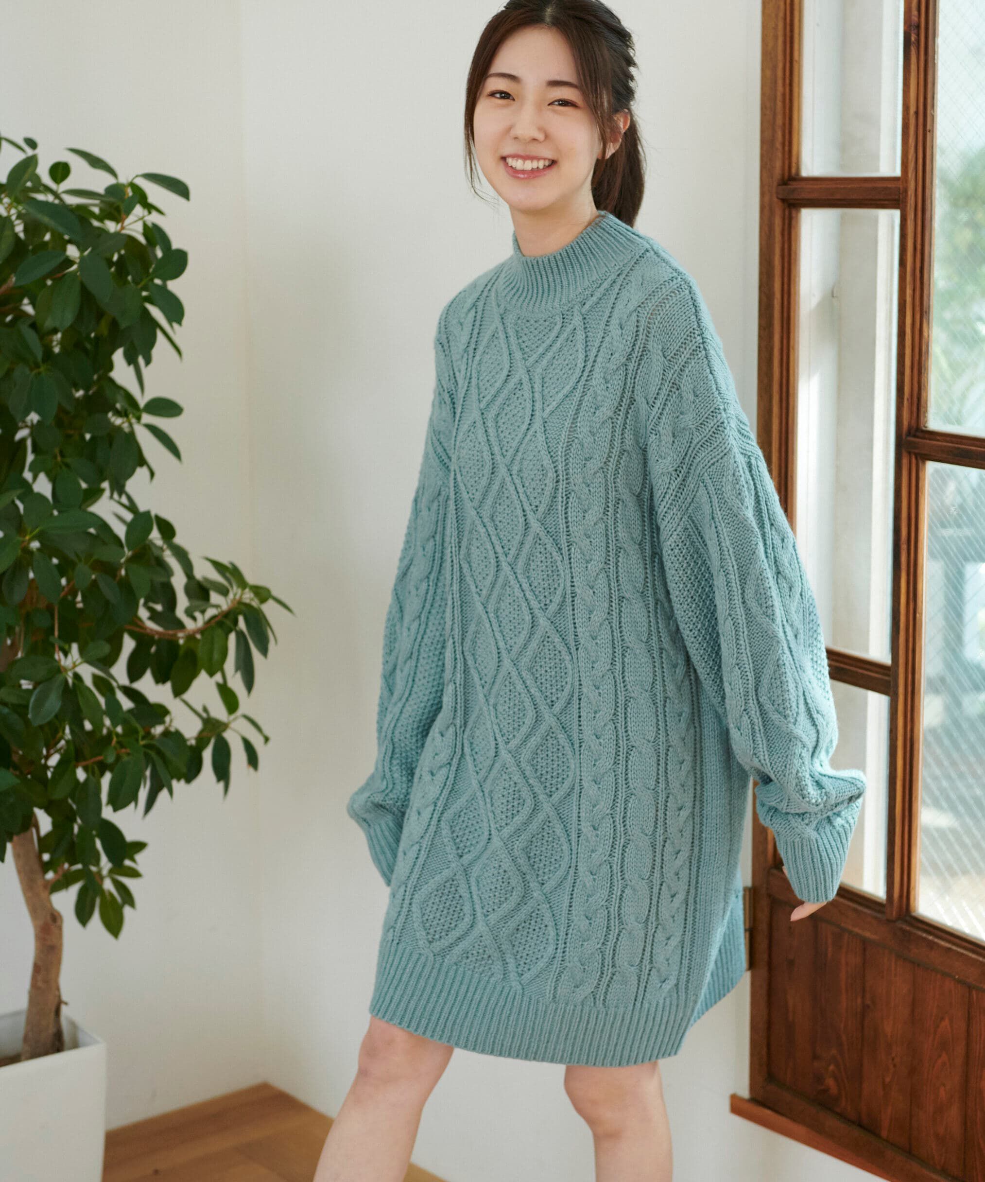  「ウール混ケーブルハイネックミニワンピース」|ワンピース|