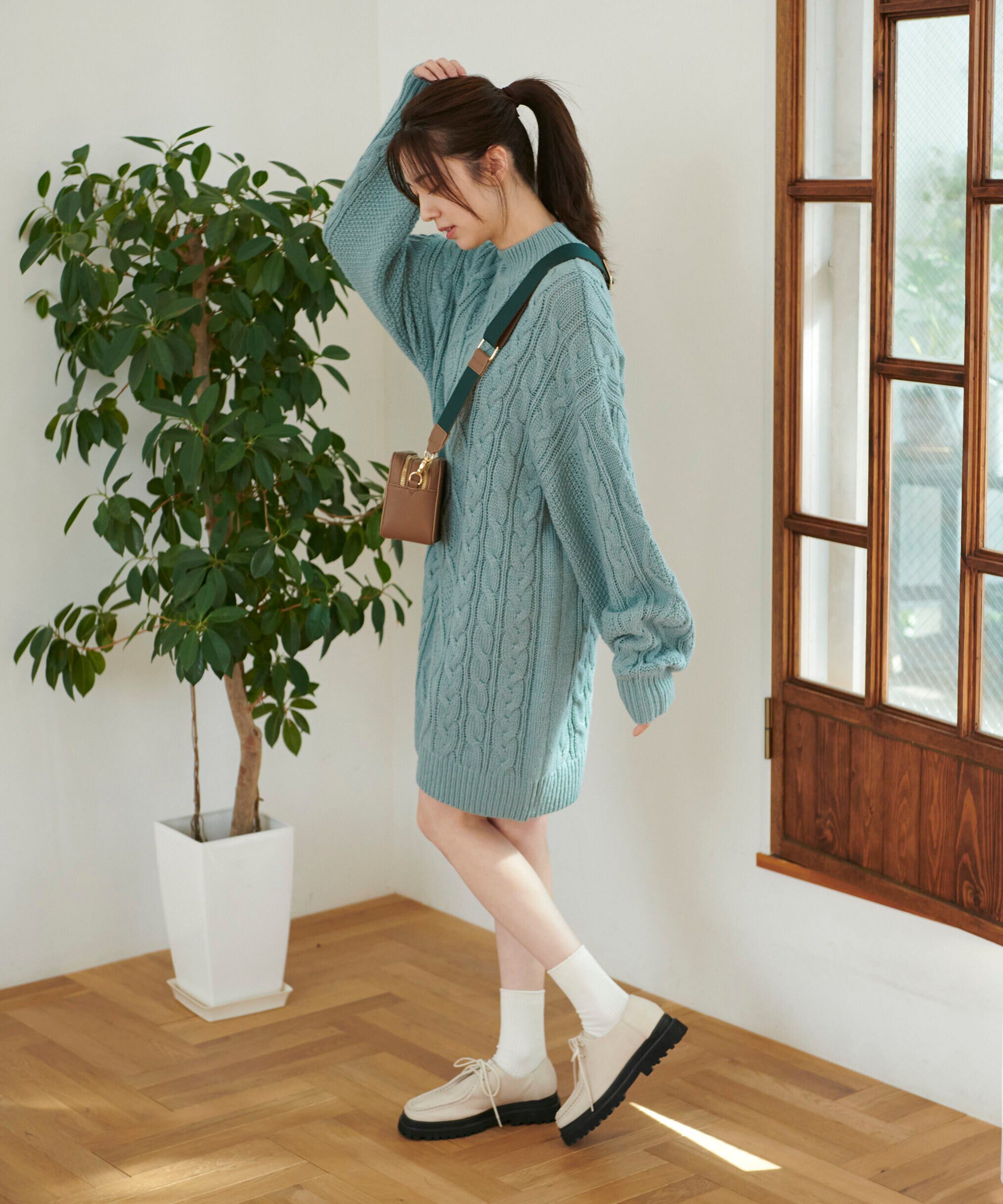  「ウール混ケーブルハイネックミニワンピース」|ワンピース|