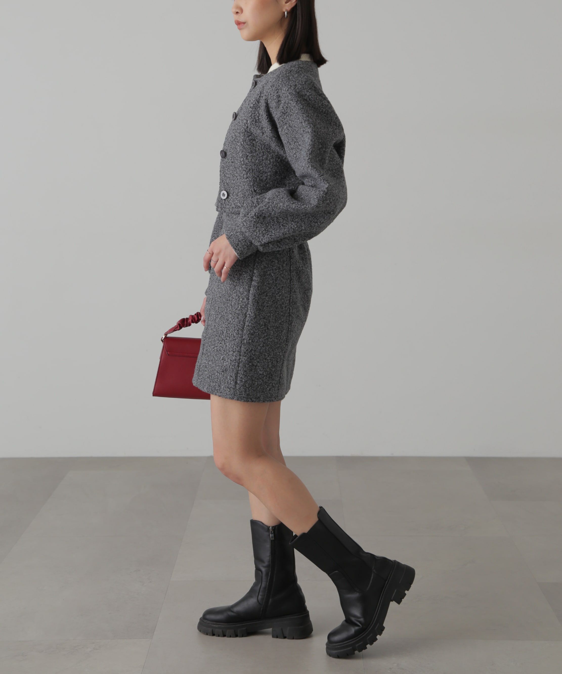  「ミニブークレカーディガン＆ミニスカート」|ワンピース|