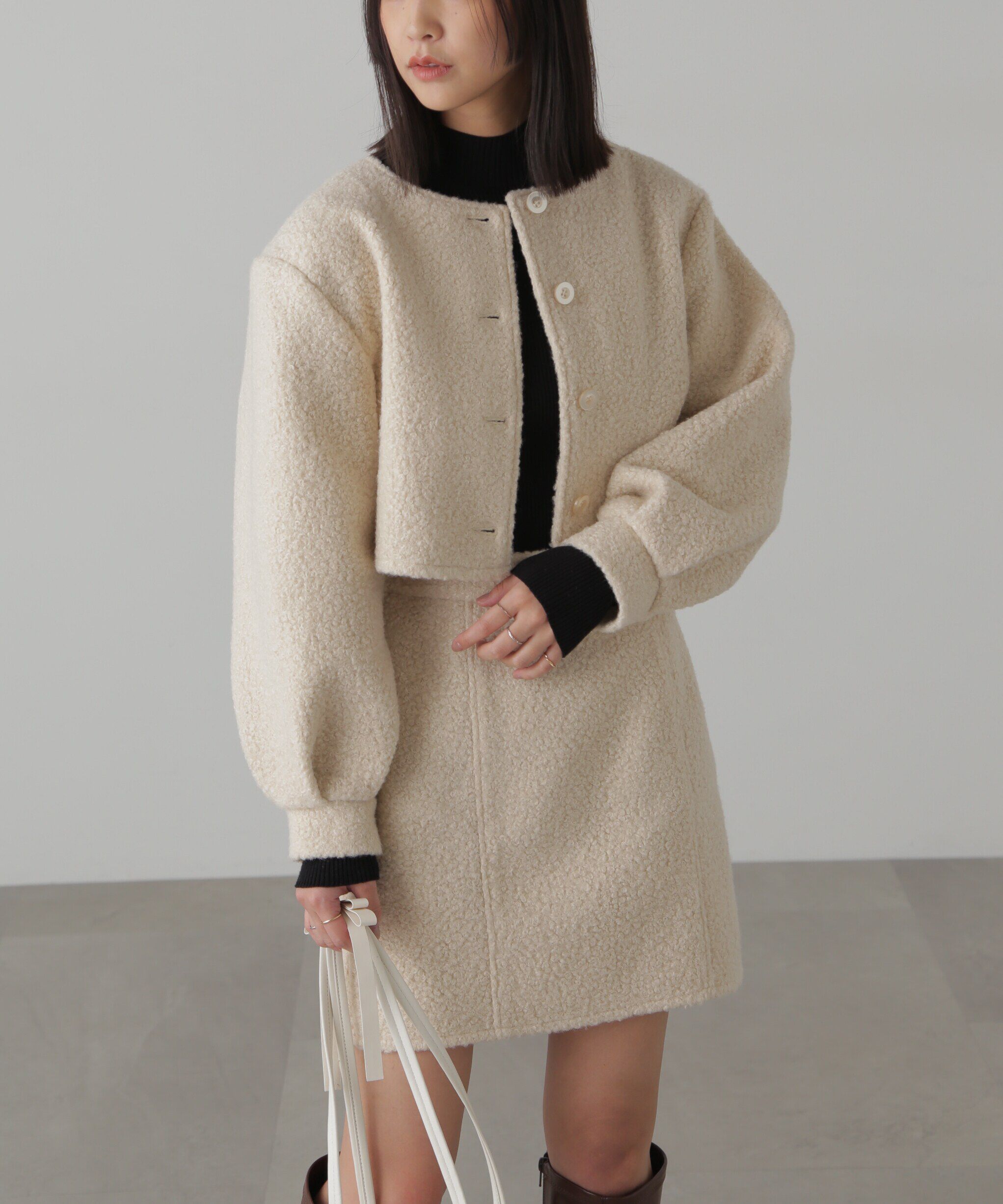  「ミニブークレカーディガン＆ミニスカート」|ワンピース|オフホワイト