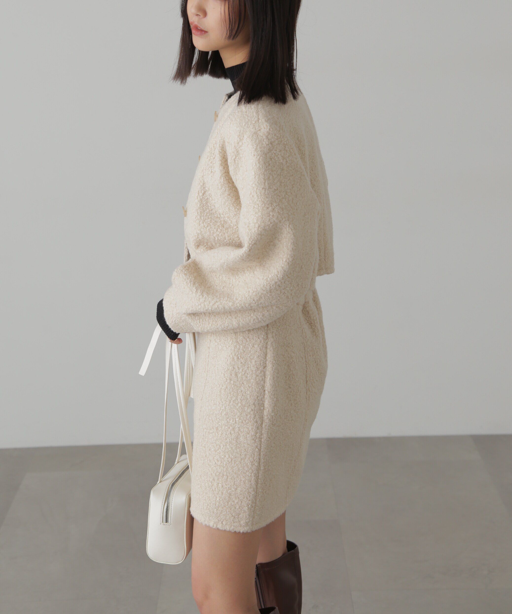  「ミニブークレカーディガン＆ミニスカート」|ワンピース|