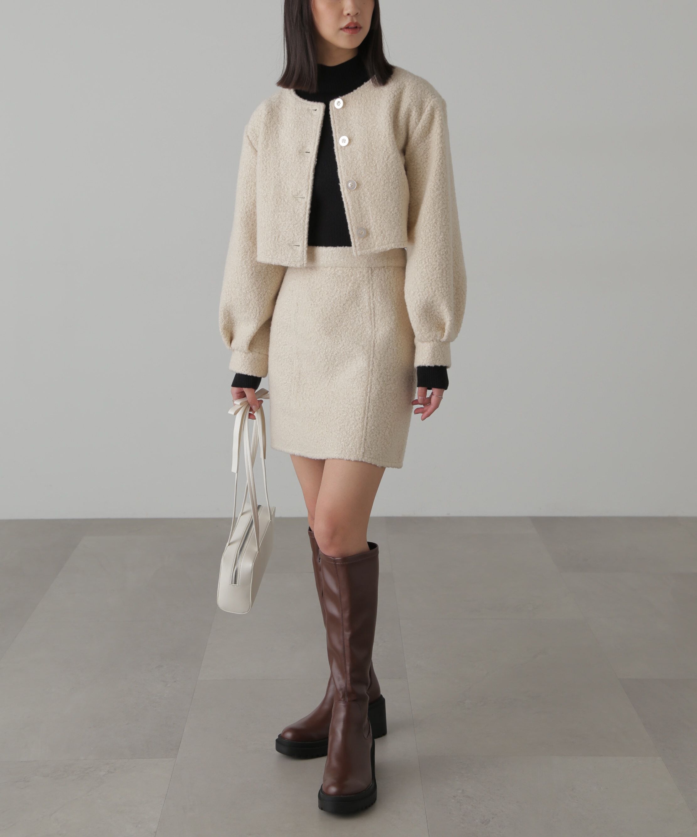  「ミニブークレカーディガン＆ミニスカート」|ワンピース|
