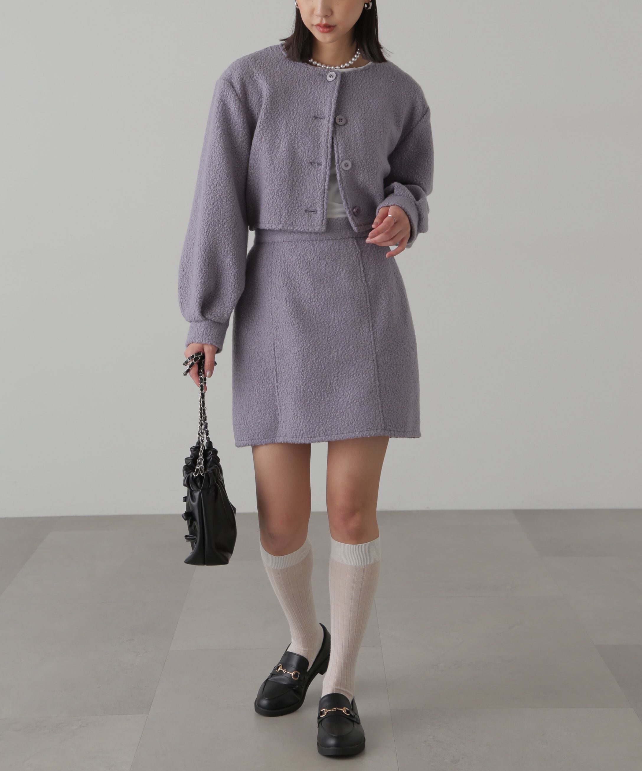  「ミニブークレカーディガン＆ミニスカート」|ワンピース|