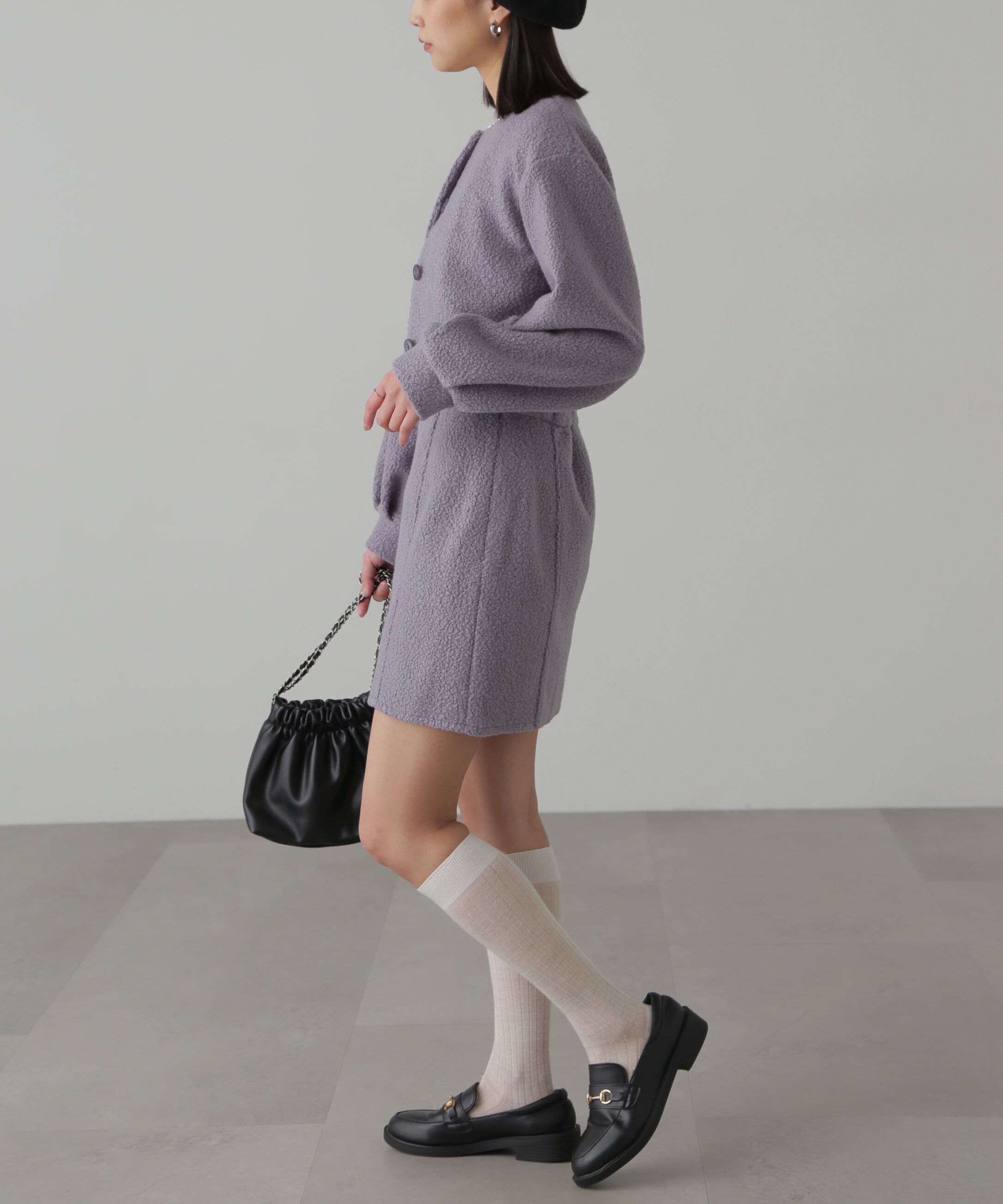  「ミニブークレカーディガン＆ミニスカート」|ワンピース|