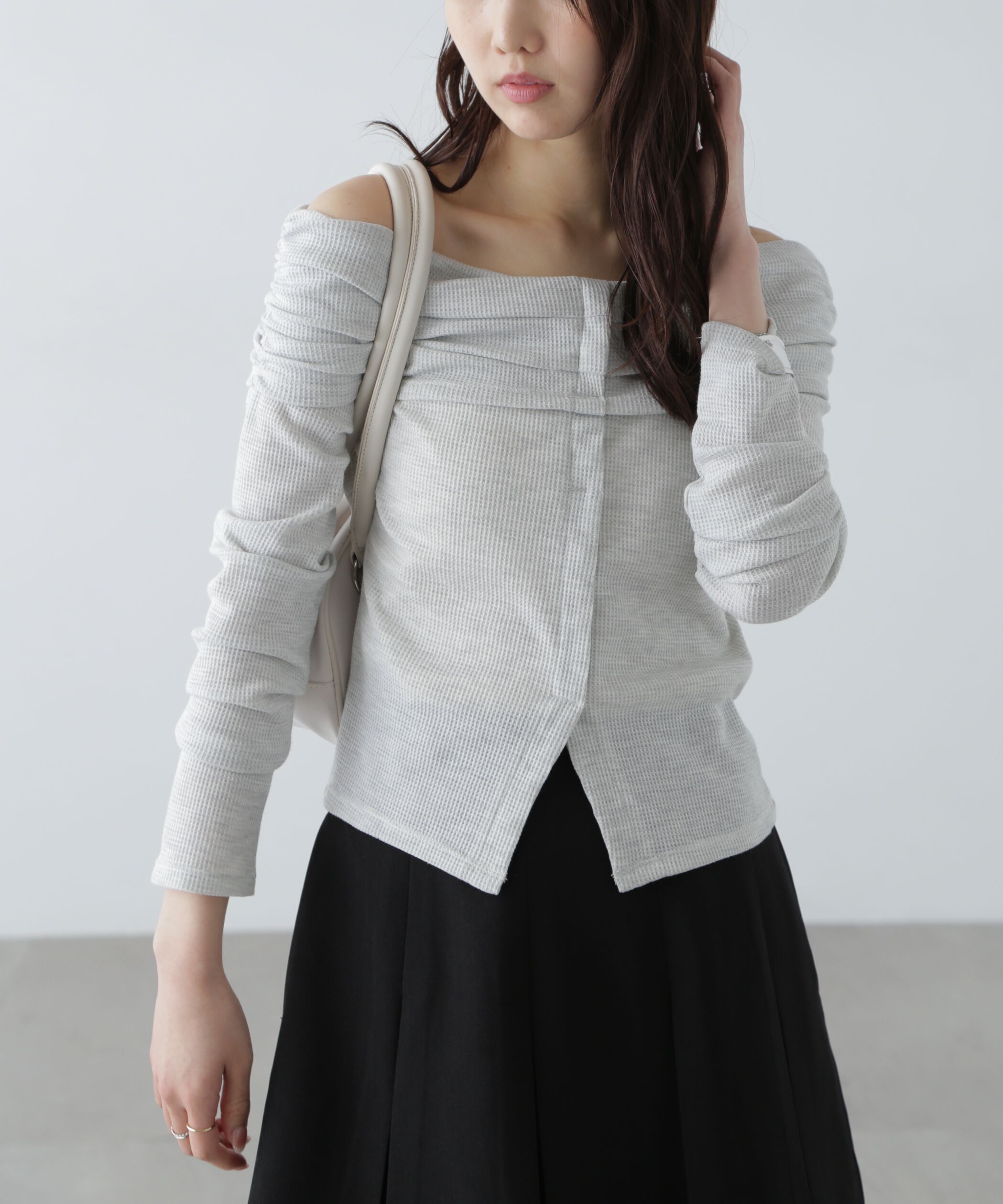  「ボーダーオフショル前スリットカットソー」|Tシャツ・カットソー|