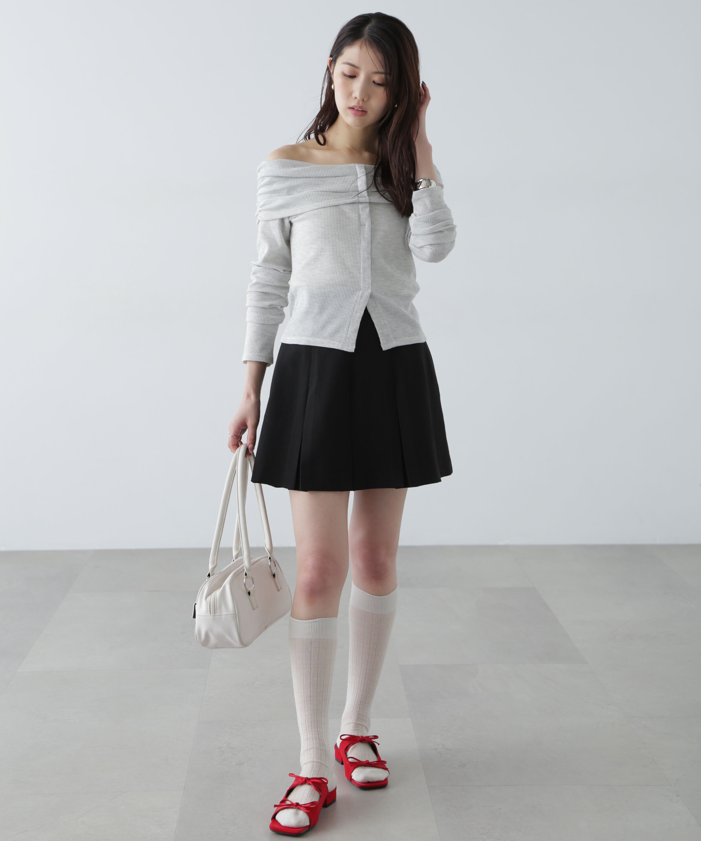  「ボーダーオフショル前スリットカットソー」|Tシャツ・カットソー|