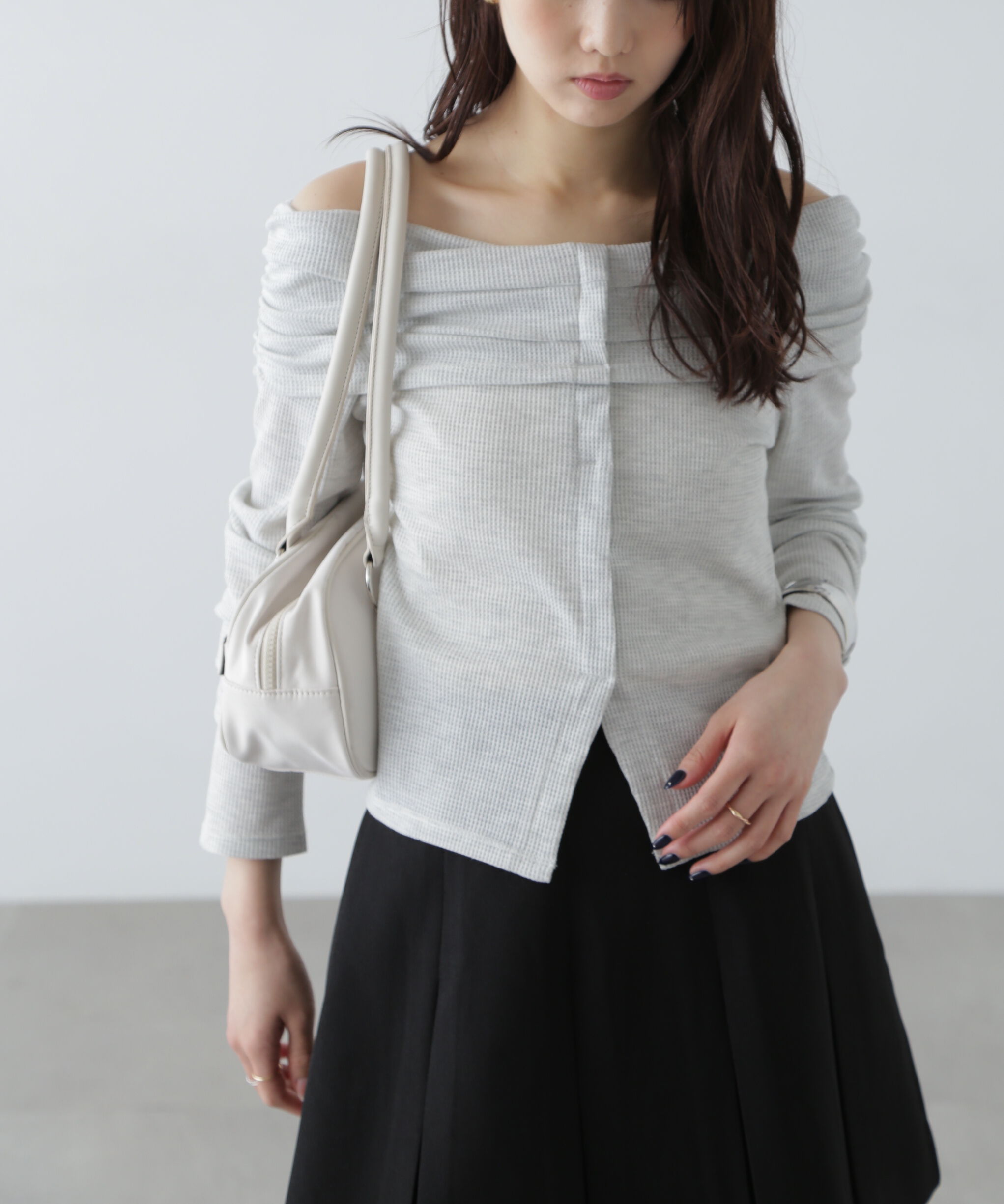  「ボーダーオフショル前スリットカットソー」|Tシャツ・カットソー|