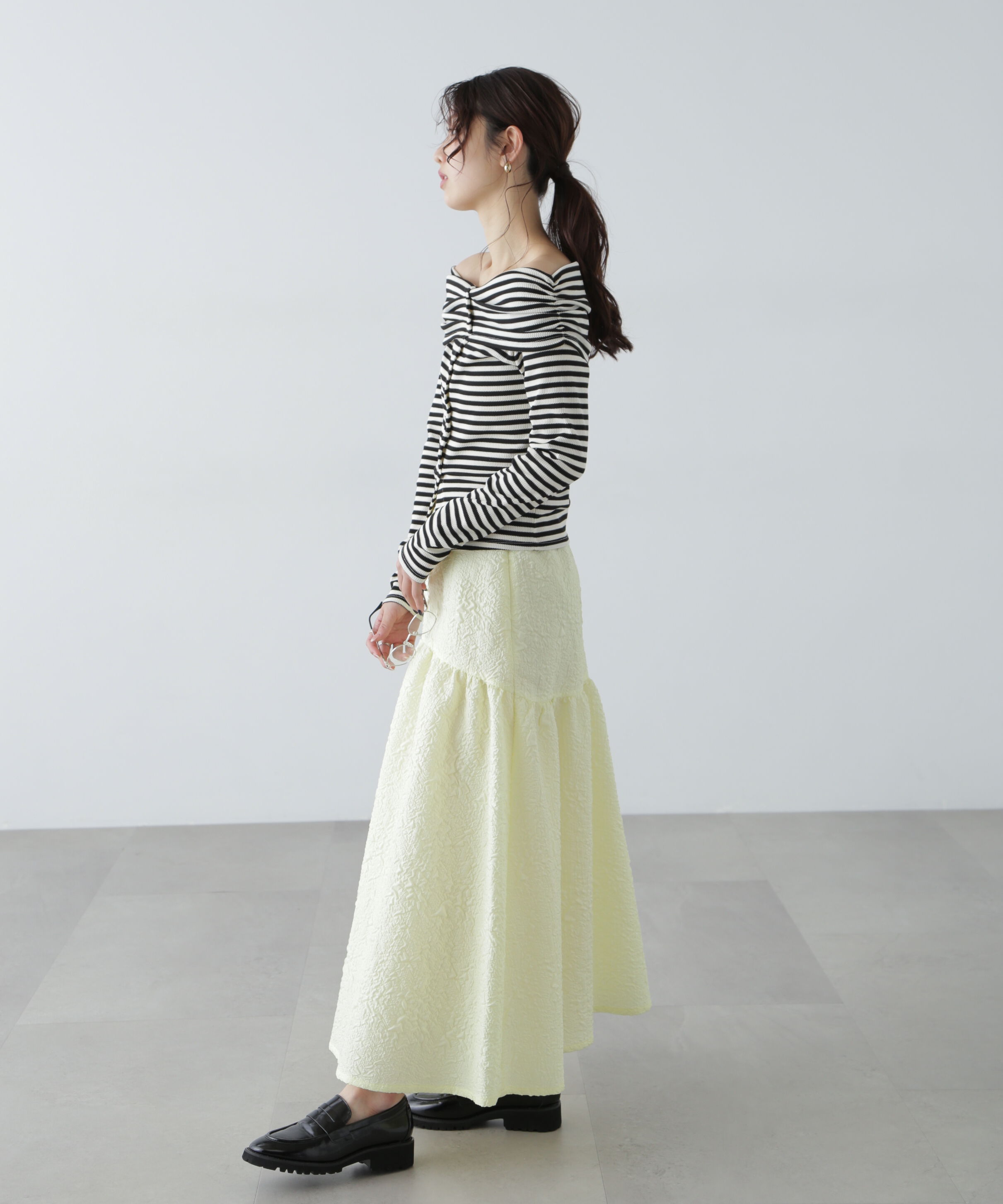  「ボーダーオフショル前スリットカットソー」|Tシャツ・カットソー|