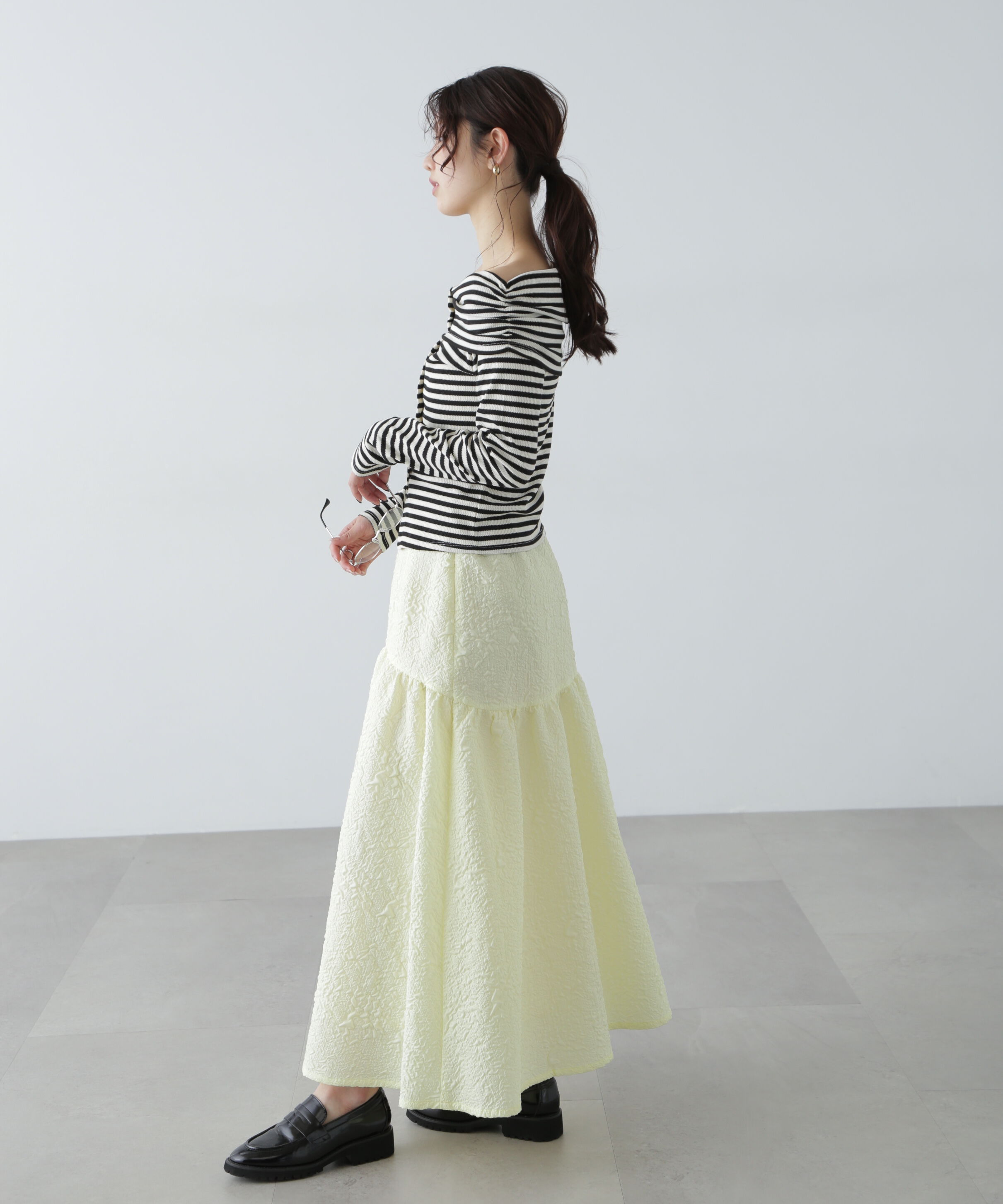  「ボーダーオフショル前スリットカットソー」|Tシャツ・カットソー|