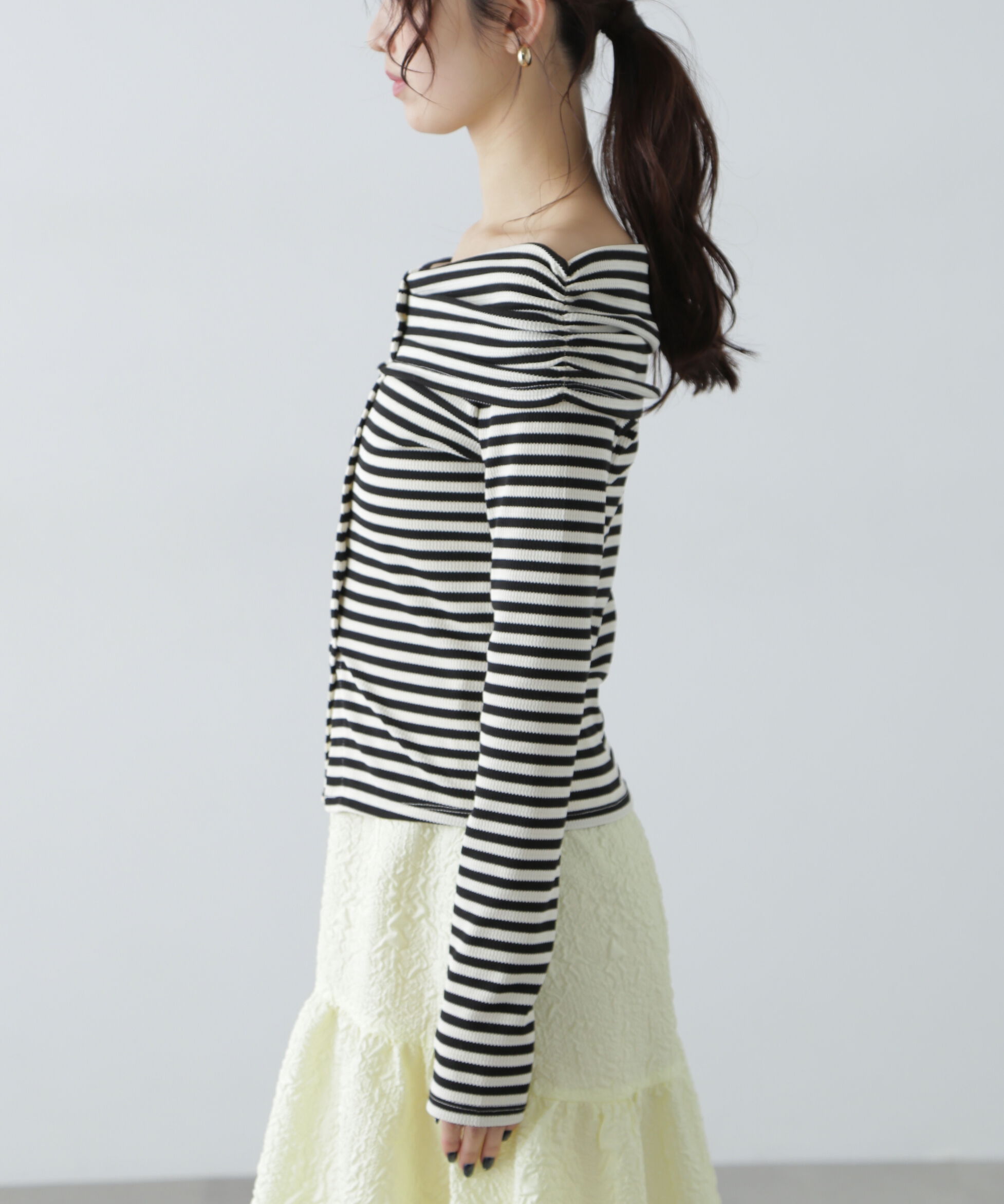  「ボーダーオフショル前スリットカットソー」|Tシャツ・カットソー|