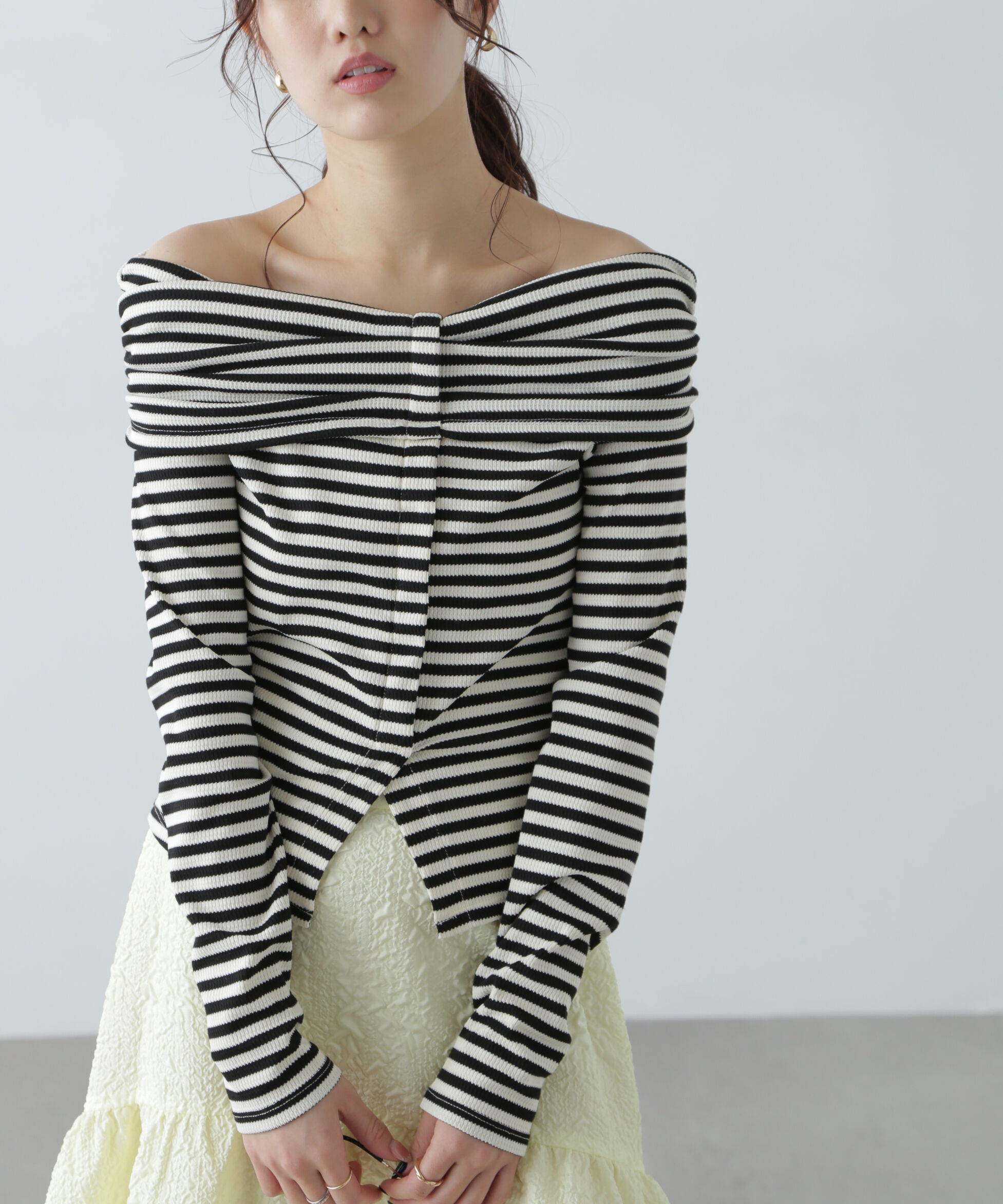  「ボーダーオフショル前スリットカットソー」|Tシャツ・カットソー|