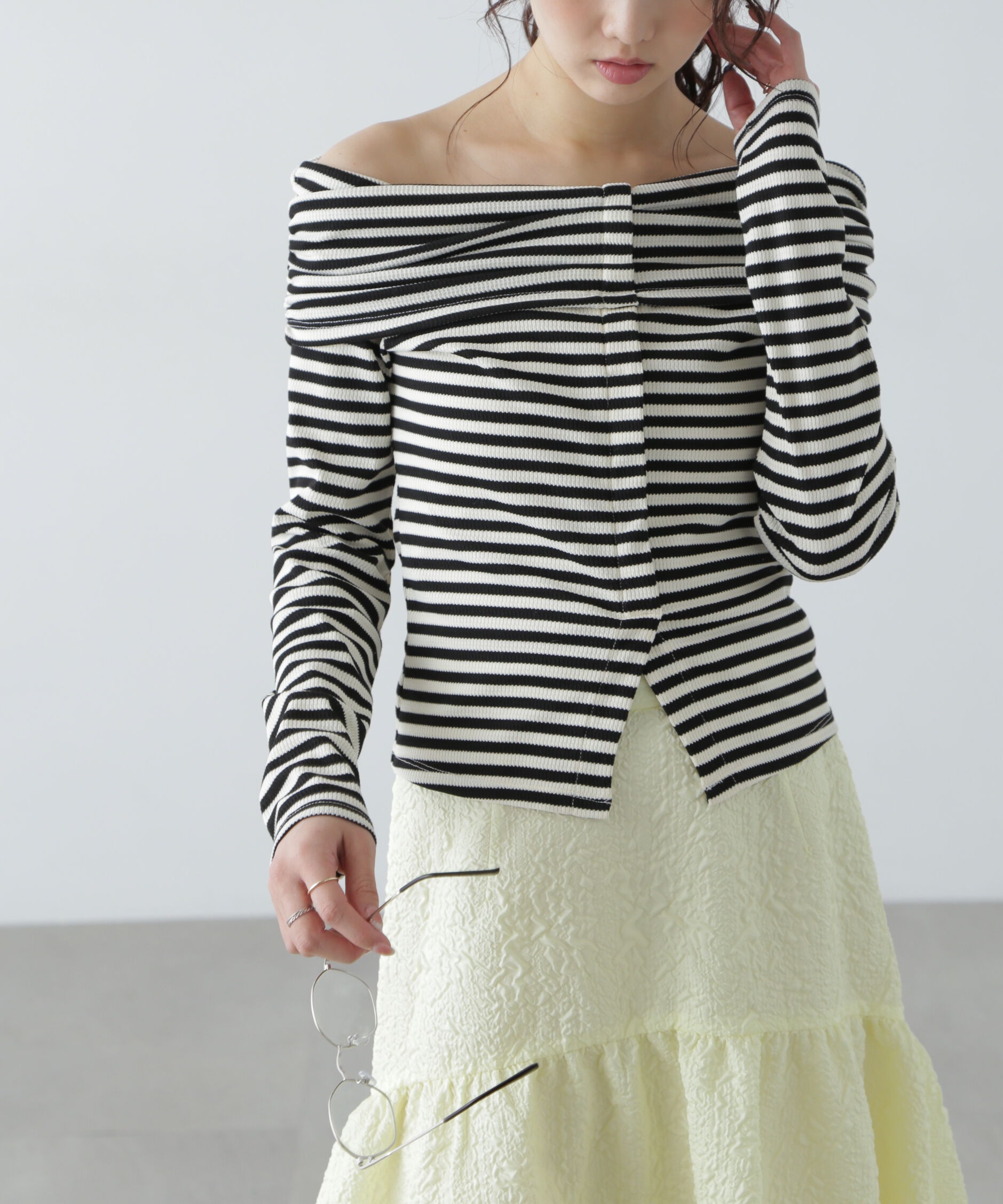  「ボーダーオフショル前スリットカットソー」|Tシャツ・カットソー|