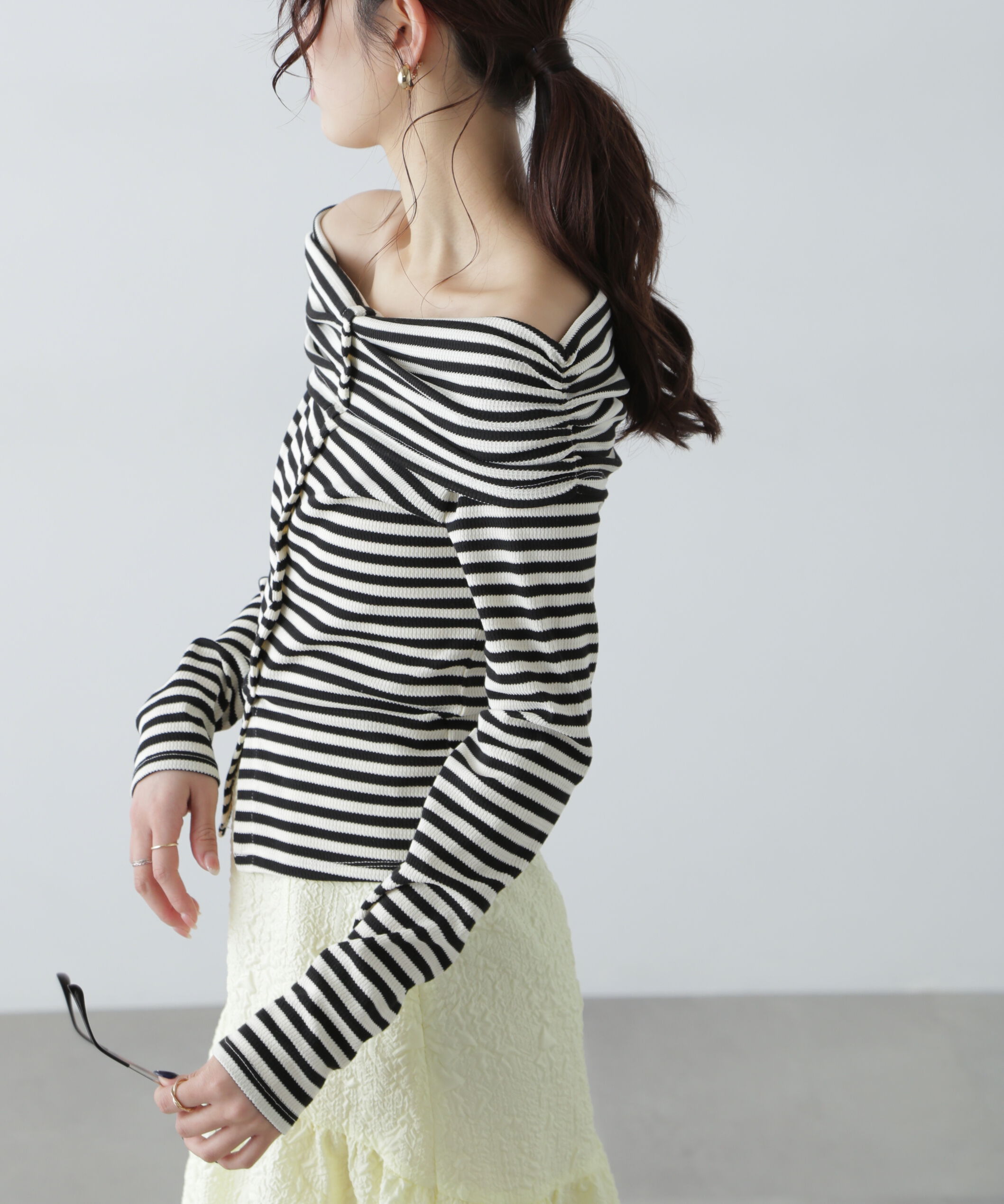  「ボーダーオフショル前スリットカットソー」|Tシャツ・カットソー|