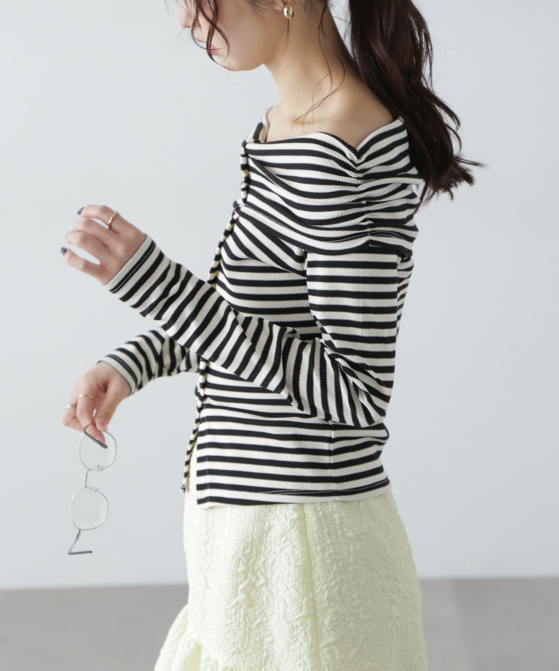  「ボーダーオフショル前スリットカットソー」|Tシャツ・カットソー|