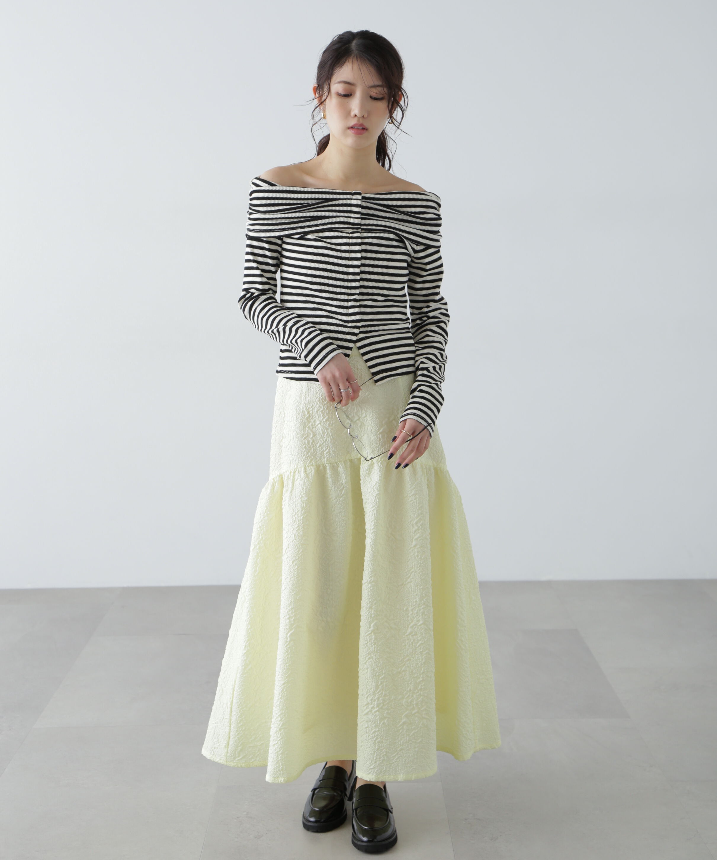  「ボーダーオフショル前スリットカットソー」|Tシャツ・カットソー|