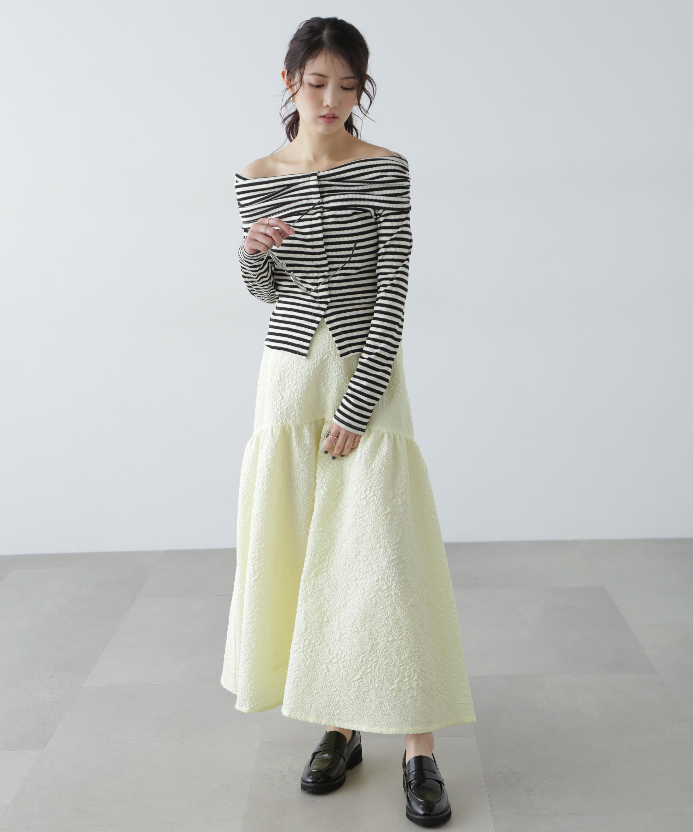  「ボーダーオフショル前スリットカットソー」|Tシャツ・カットソー|