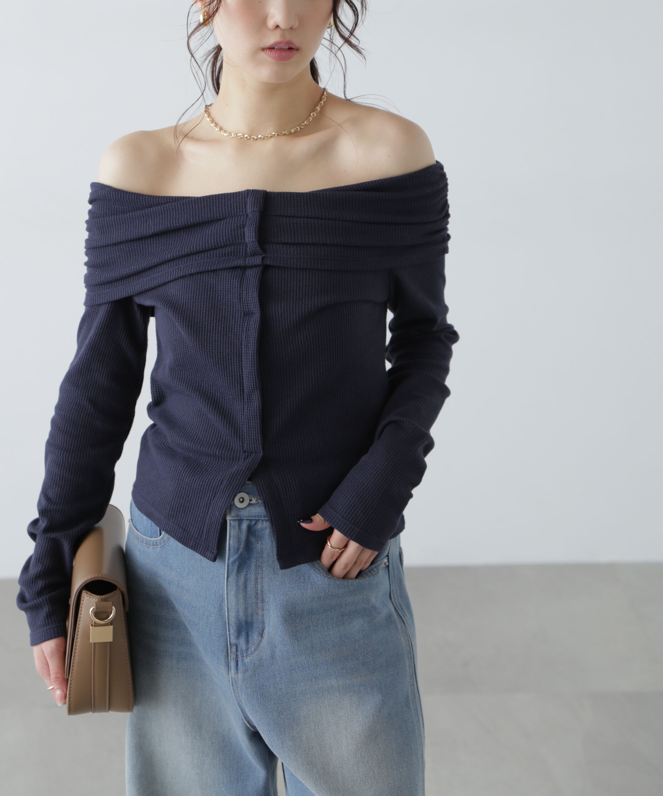  「ボーダーオフショル前スリットカットソー」|Tシャツ・カットソー|ネイビー