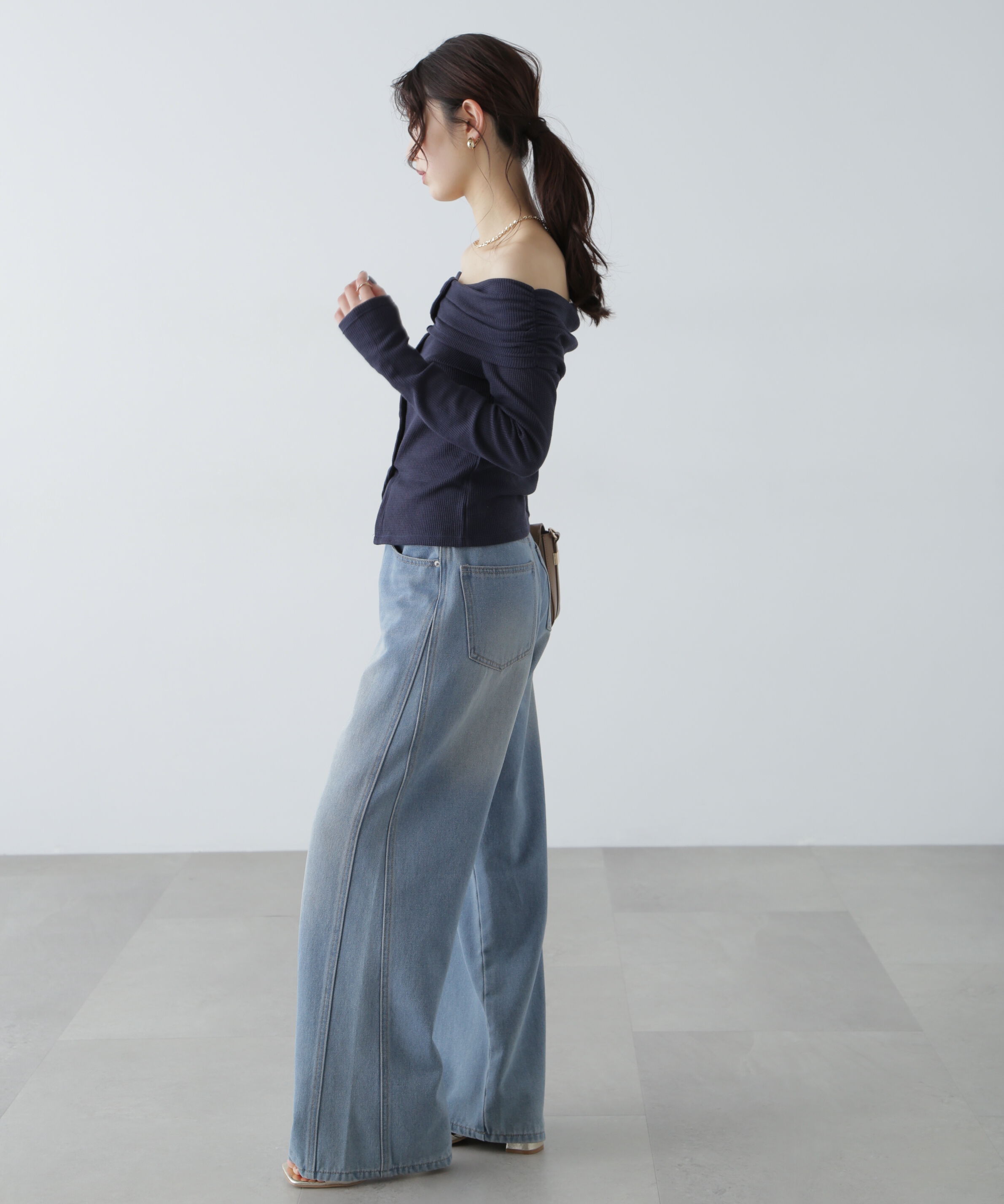  「ボーダーオフショル前スリットカットソー」|Tシャツ・カットソー|