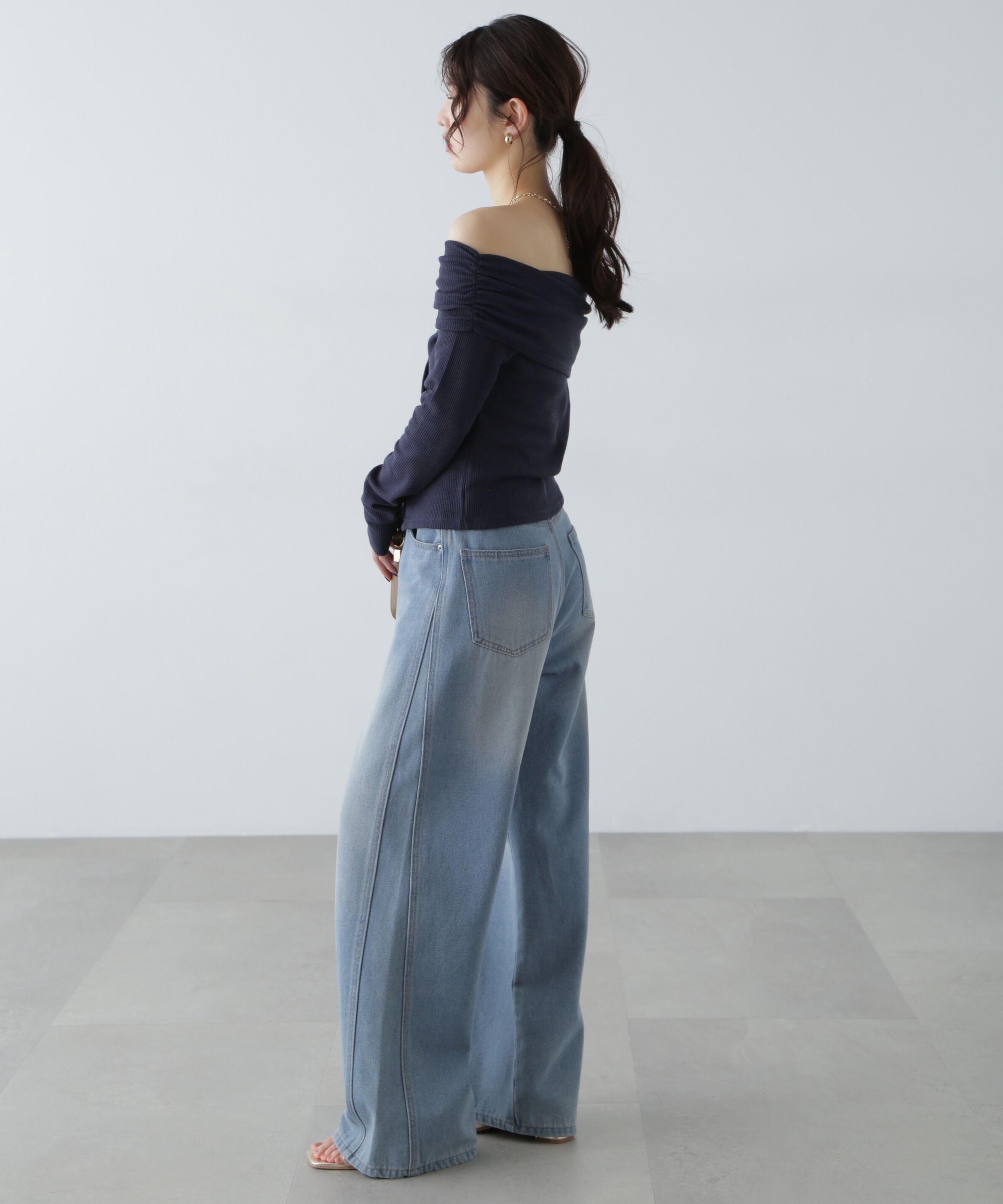  「ボーダーオフショル前スリットカットソー」|Tシャツ・カットソー|