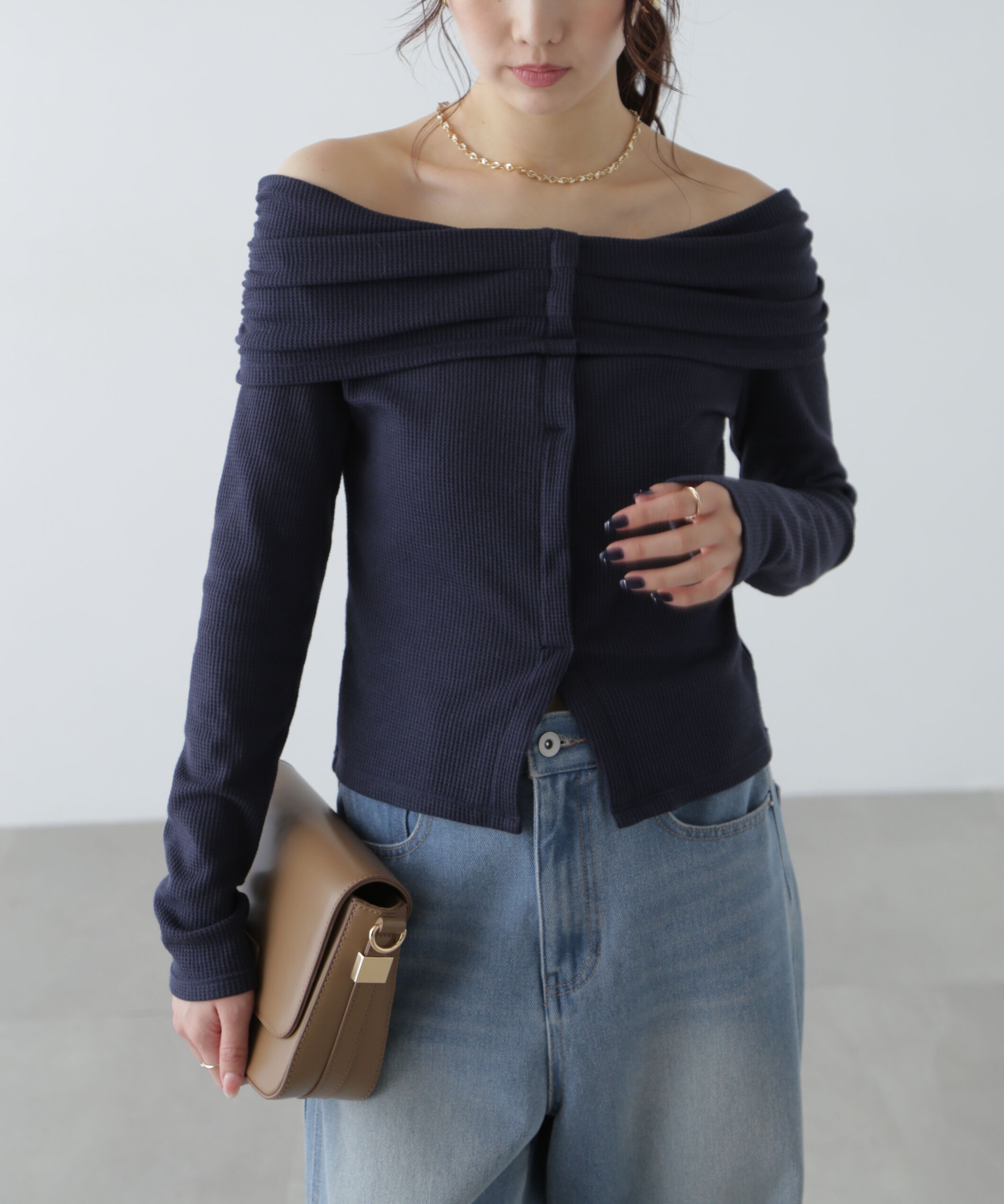  「ボーダーオフショル前スリットカットソー」|Tシャツ・カットソー|