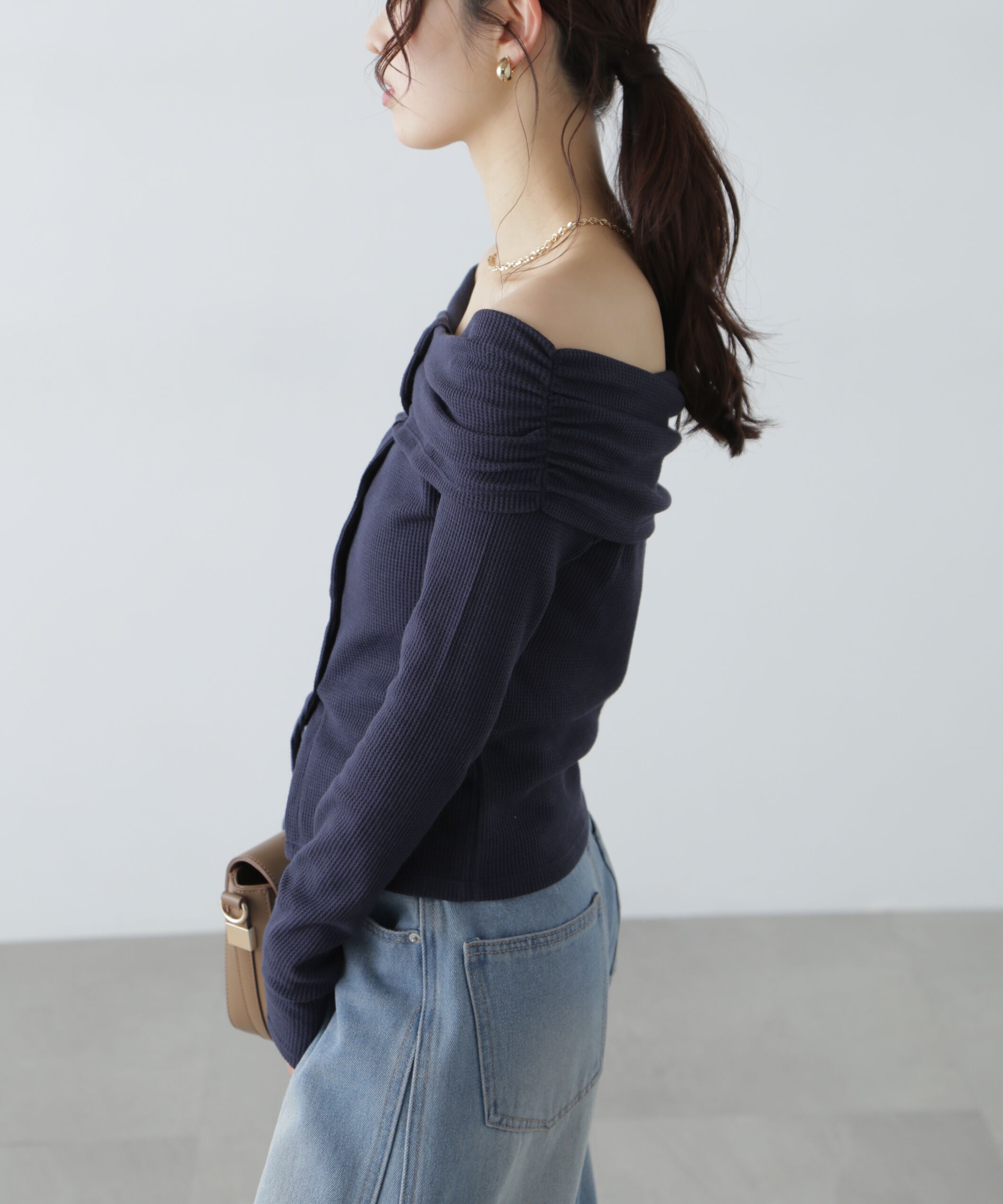  「ボーダーオフショル前スリットカットソー」|Tシャツ・カットソー|