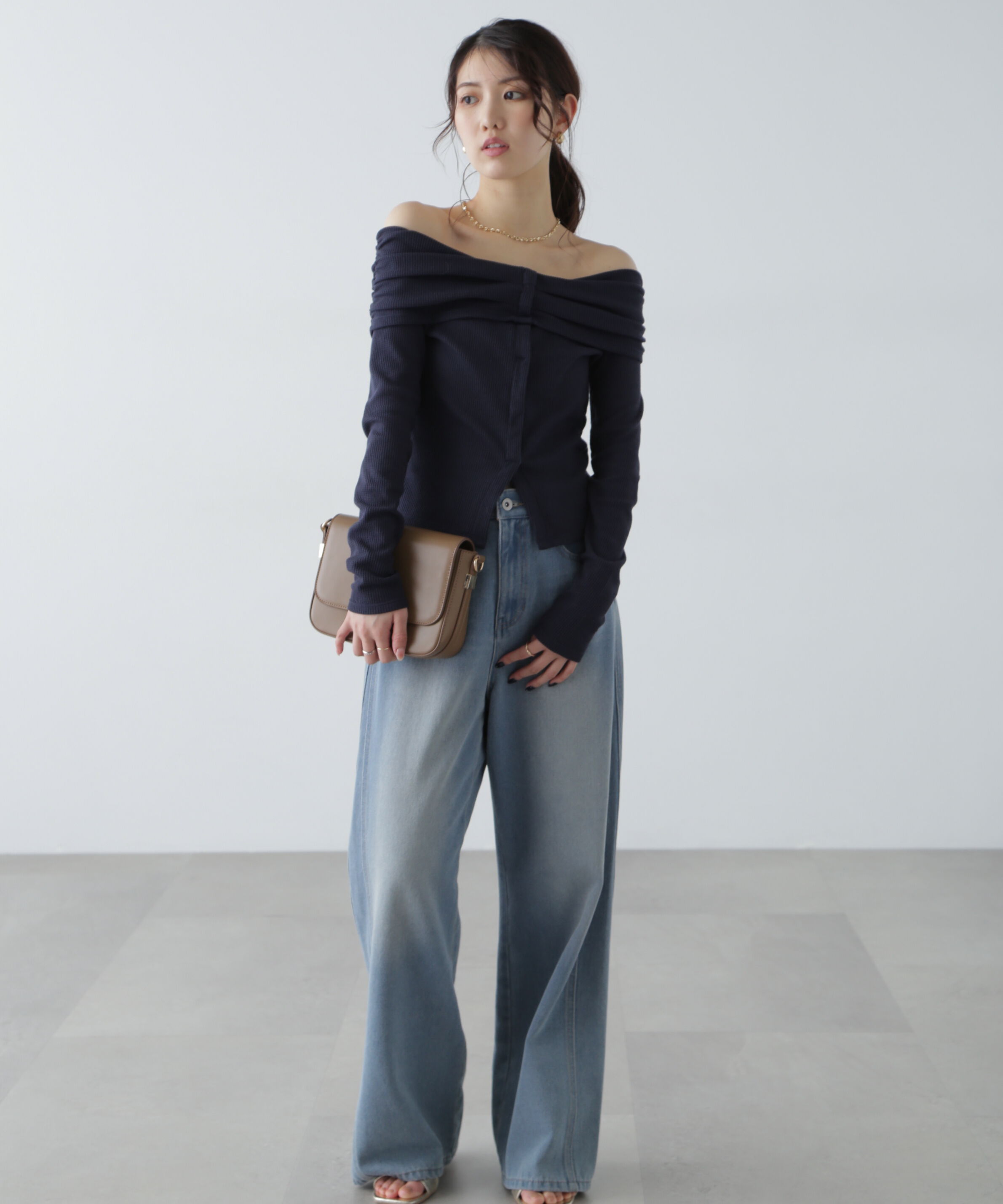  「ボーダーオフショル前スリットカットソー」|Tシャツ・カットソー|