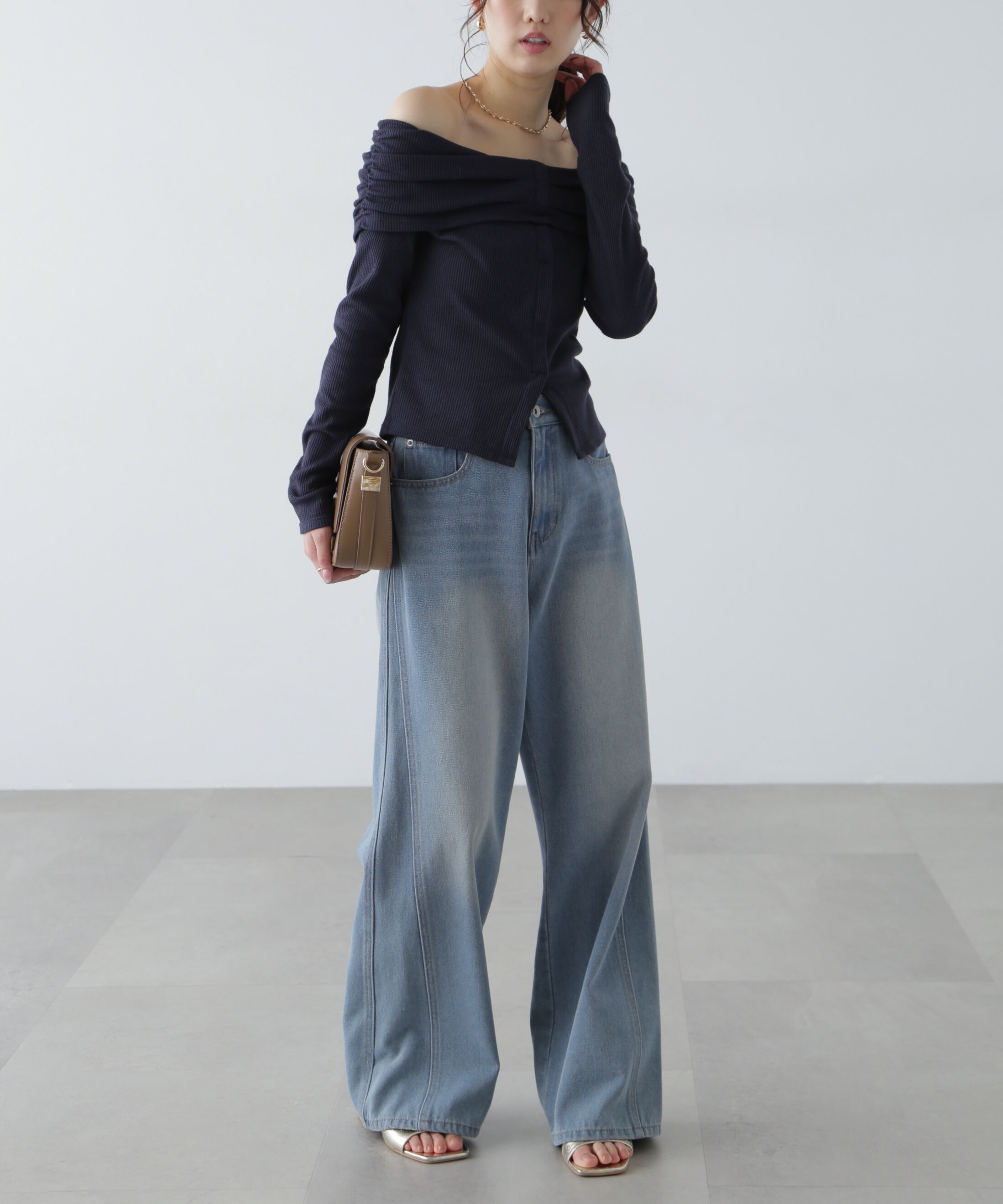  「ボーダーオフショル前スリットカットソー」|Tシャツ・カットソー|