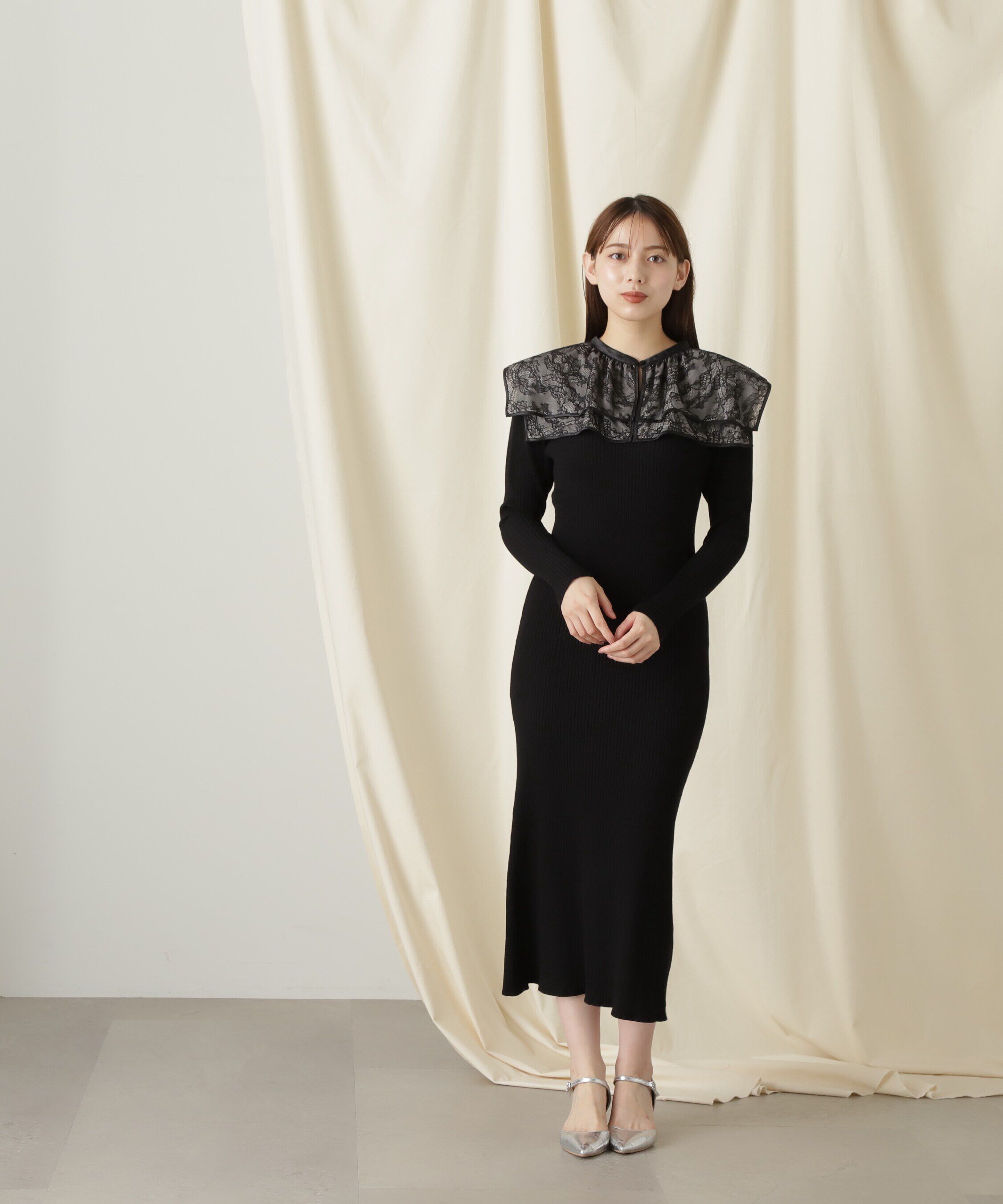  「ケープカラーニットワンピース」|ワンピース|