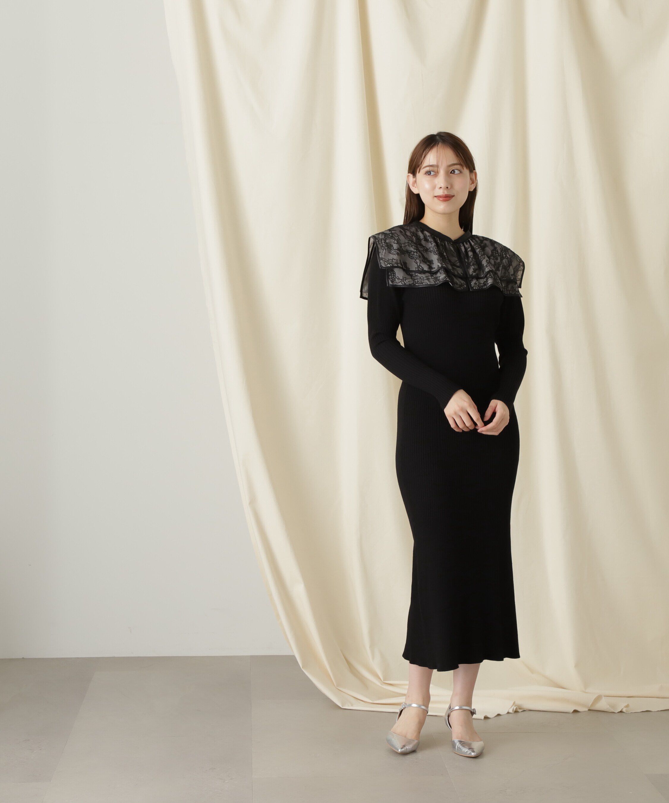  「ケープカラーニットワンピース」|ワンピース|