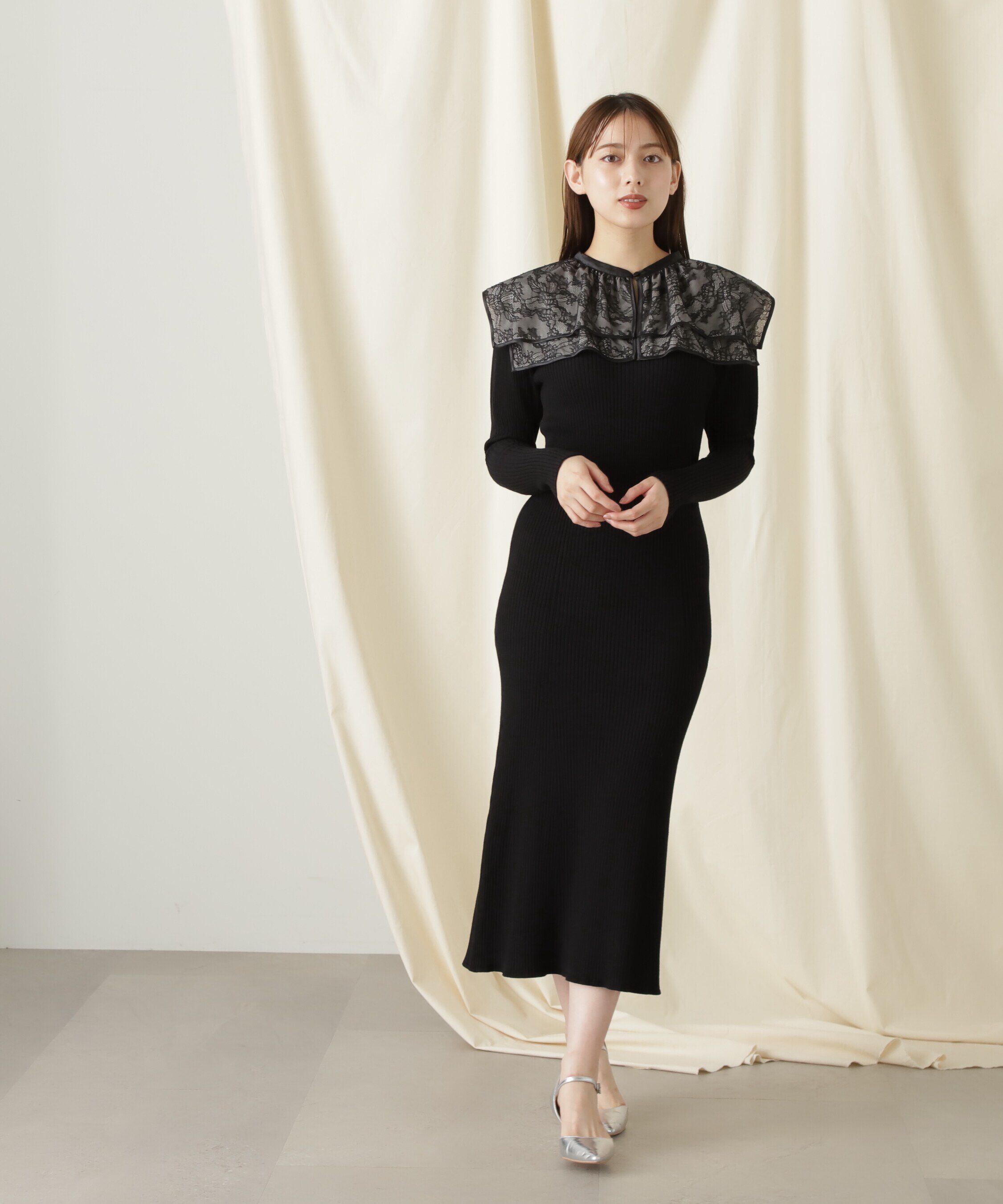  「ケープカラーニットワンピース」|ワンピース|