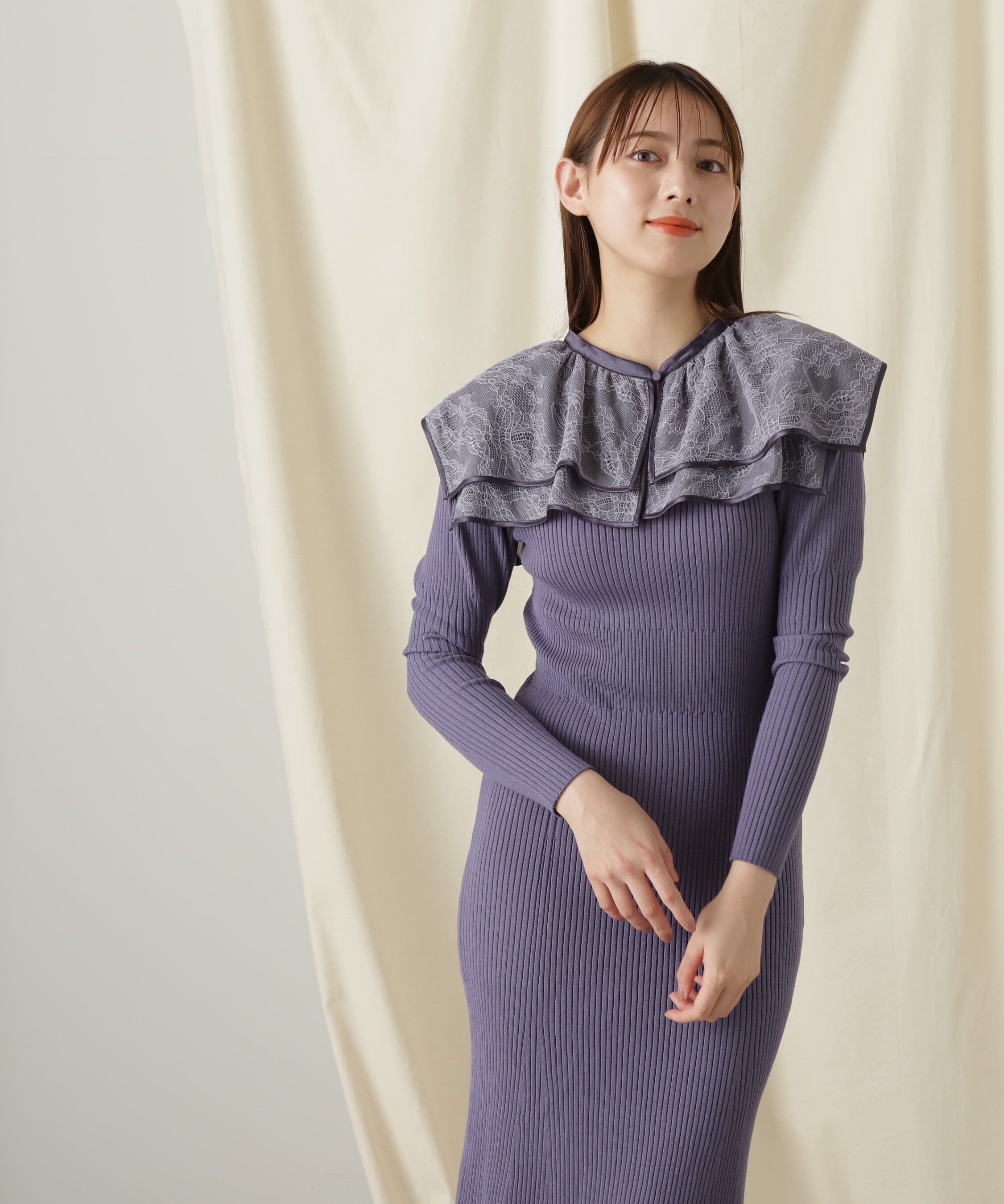  「ケープカラーニットワンピース」|ワンピース|パープル1