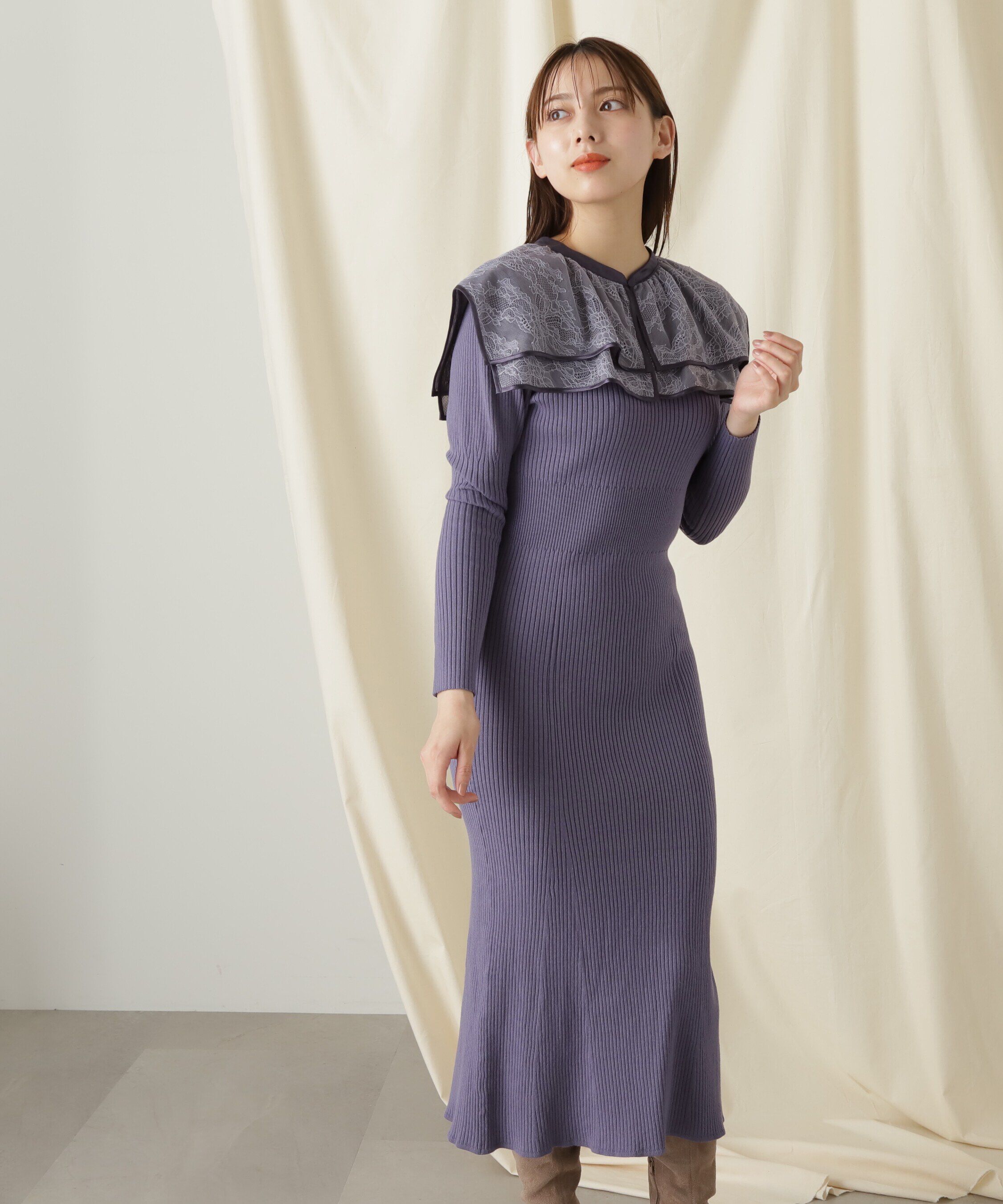  「ケープカラーニットワンピース」|ワンピース|