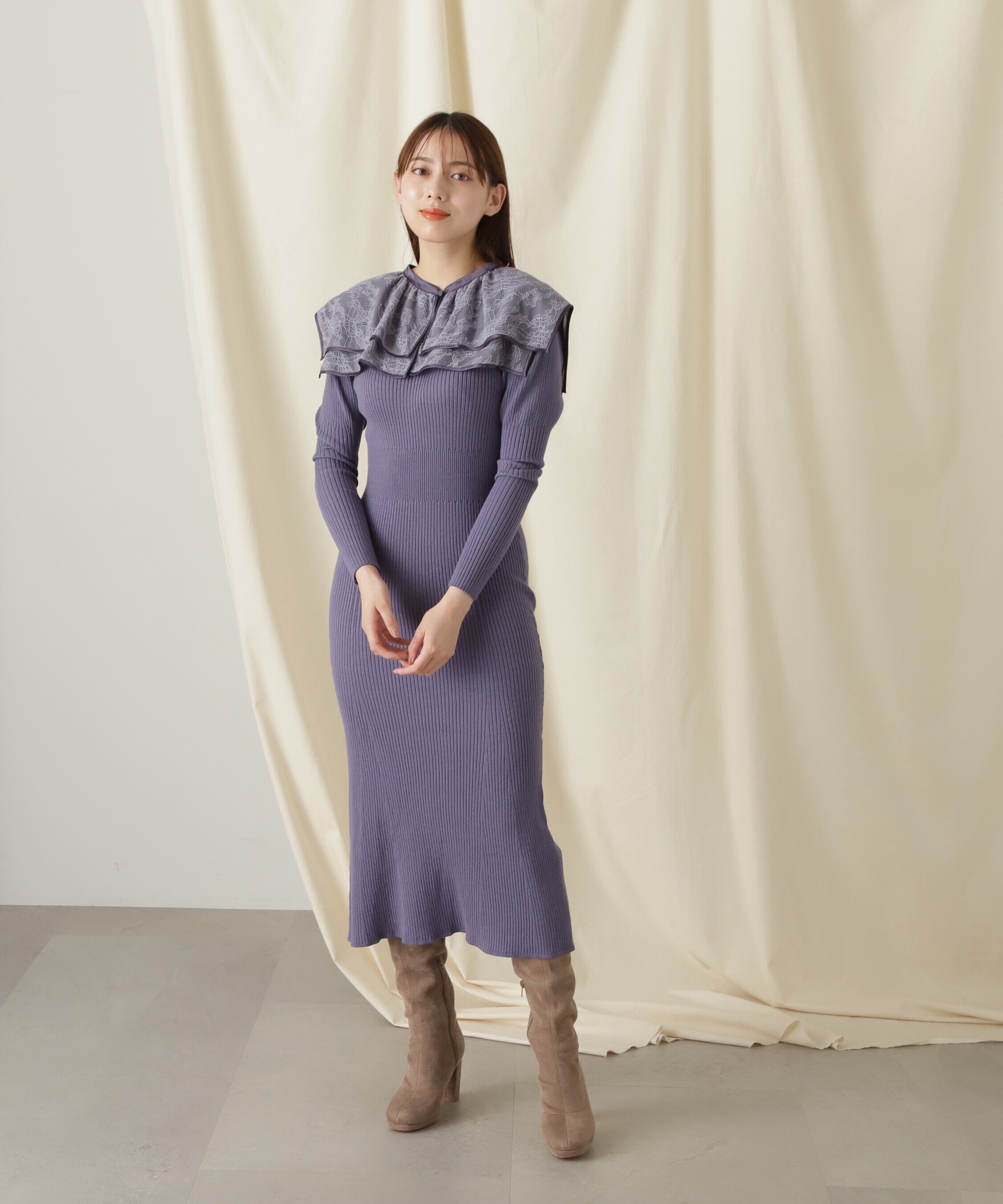  「ケープカラーニットワンピース」|ワンピース|