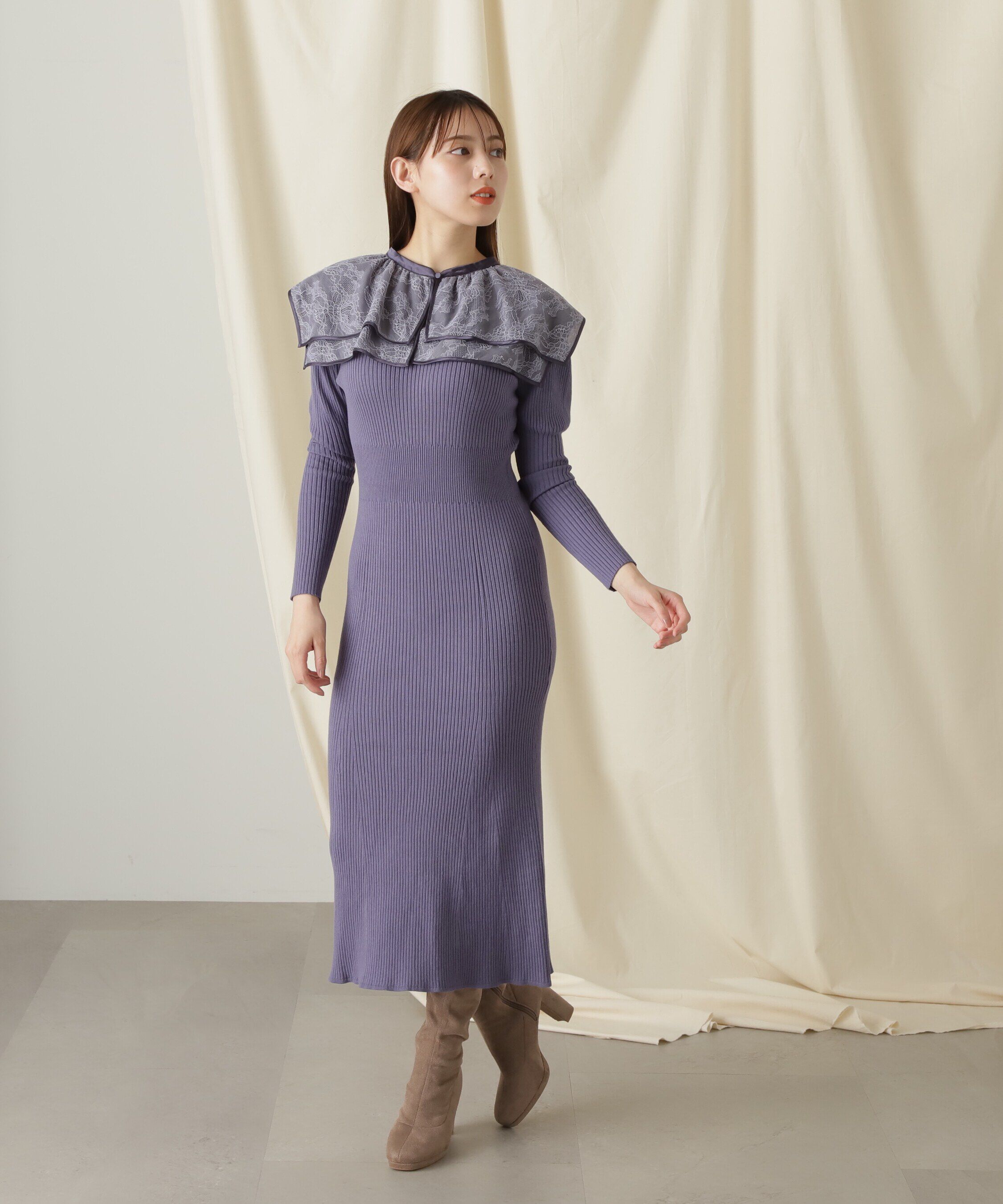  「ケープカラーニットワンピース」|ワンピース|