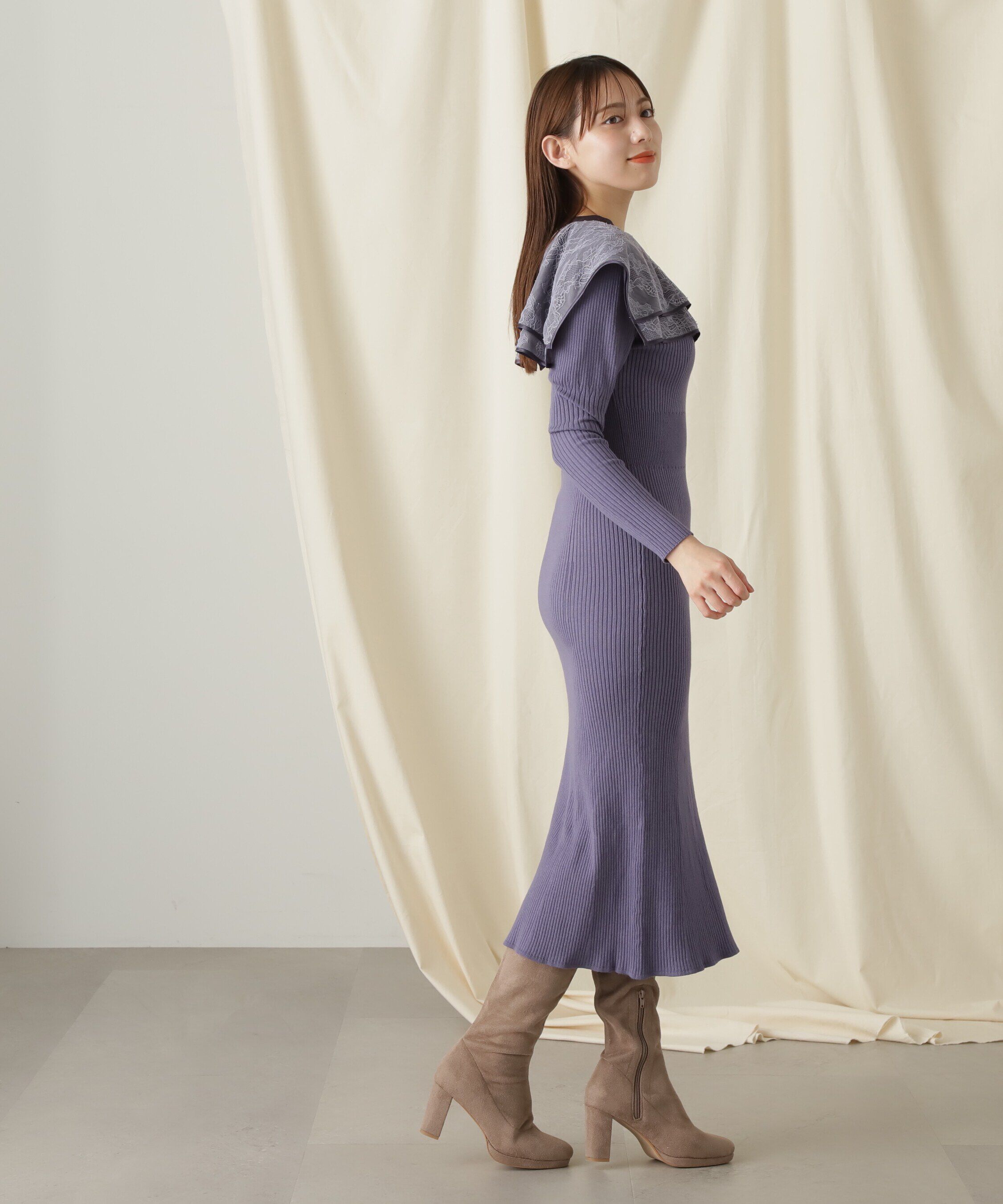  「ケープカラーニットワンピース」|ワンピース|