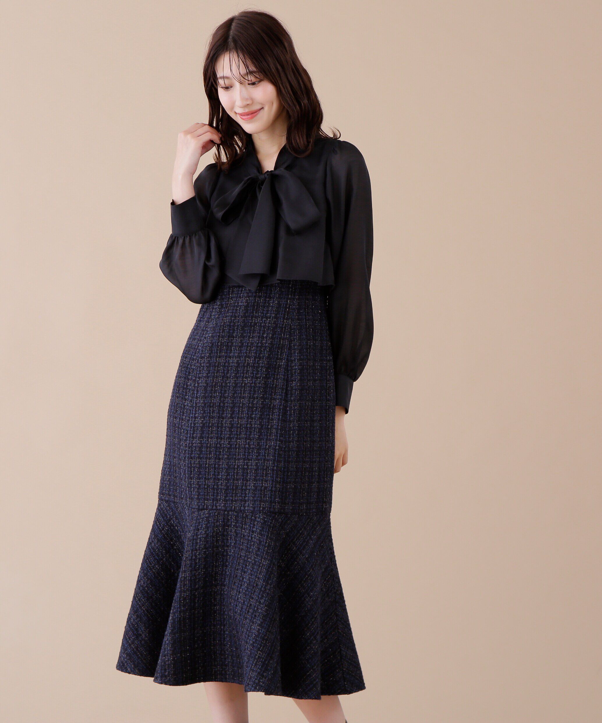  「ブラウスドッキングツイードワンピース」|ワンピース|