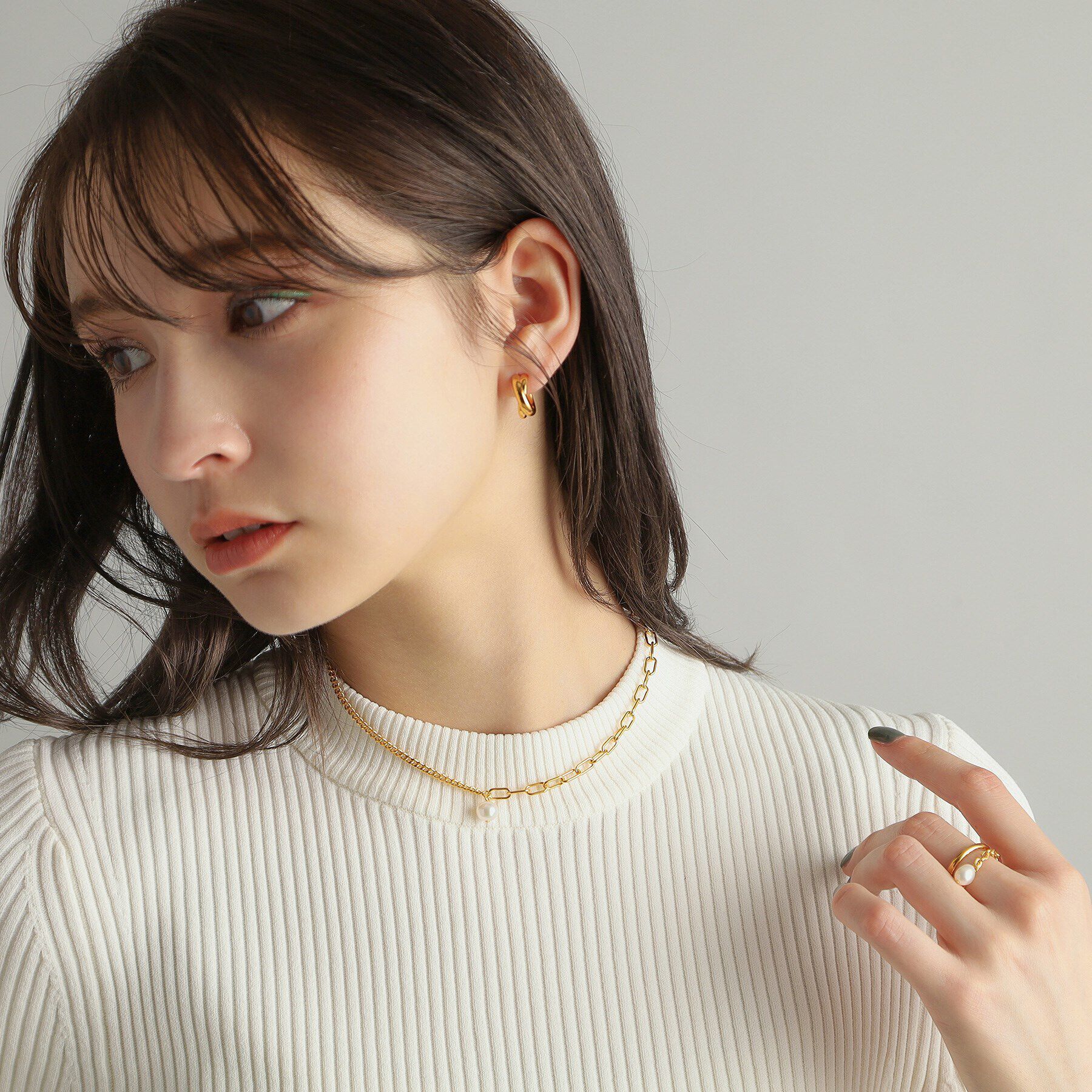 COCOSHNIK ONKITSCH「シルバー ミックスチェーン ケーブル・カーブ パールネックレス GP」|ネックレス|