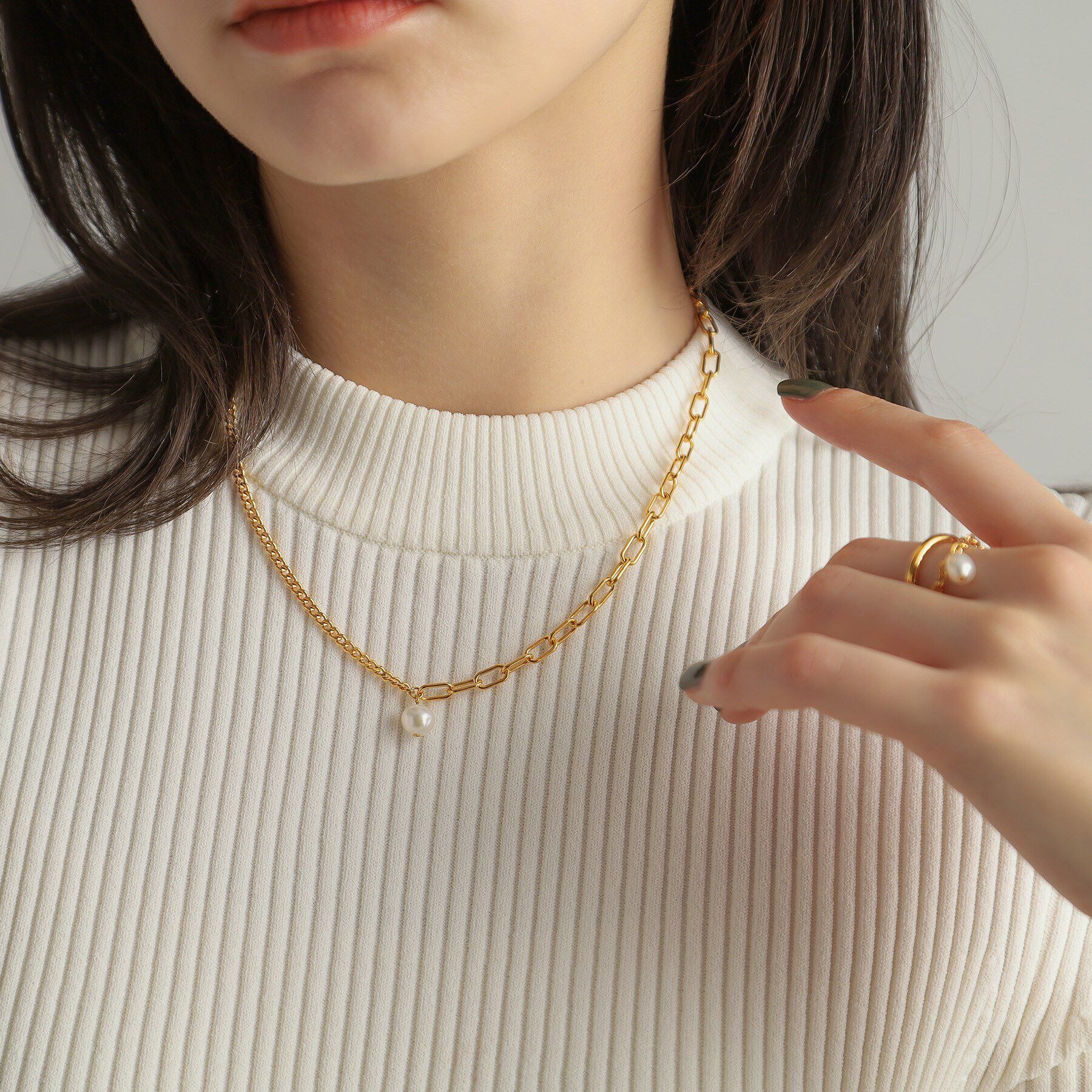 COCOSHNIK ONKITSCH「シルバー ミックスチェーン ケーブル・カーブ パールネックレス GP」|ネックレス|