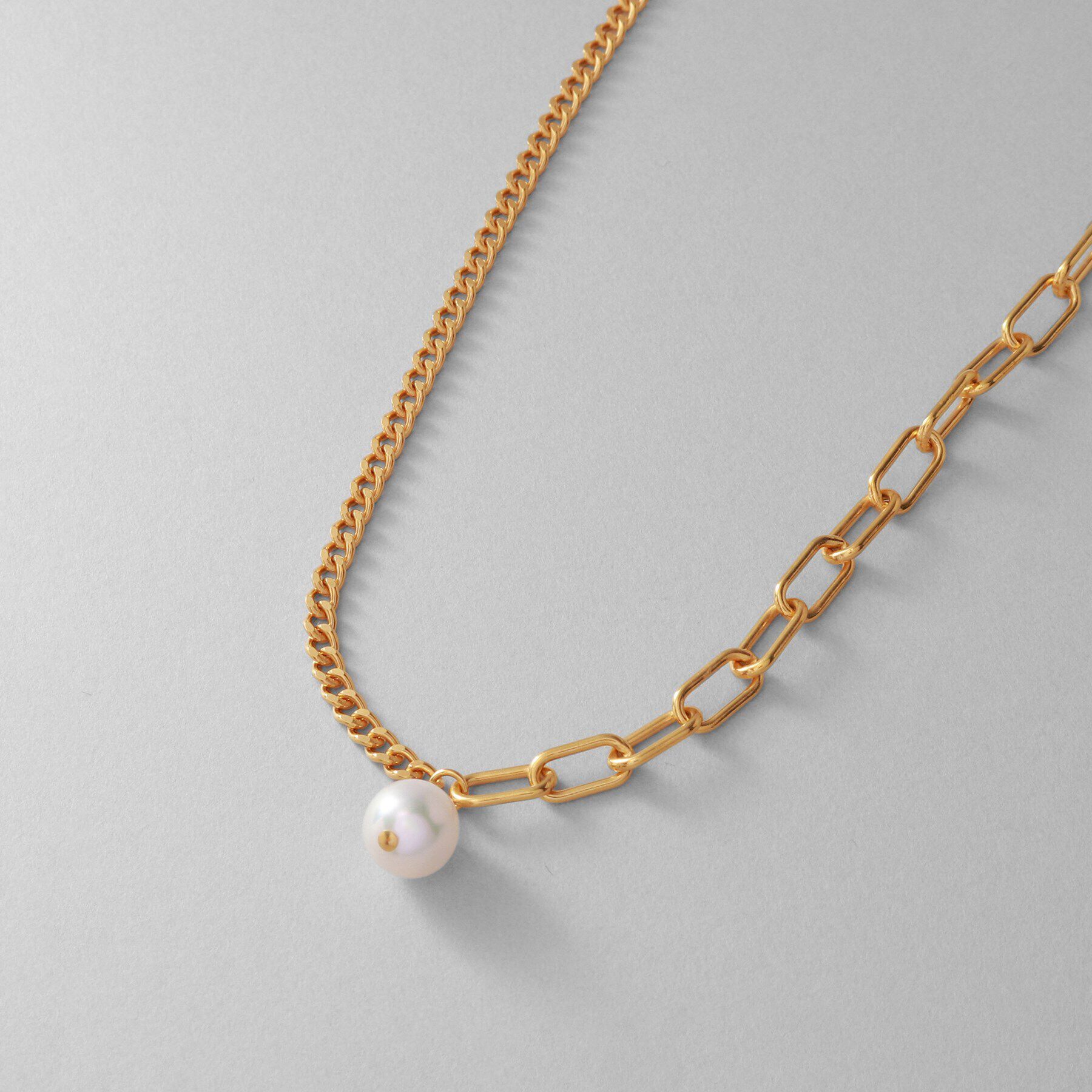 COCOSHNIK ONKITSCH「シルバー ミックスチェーン ケーブル・カーブ パールネックレス GP」|ネックレス|