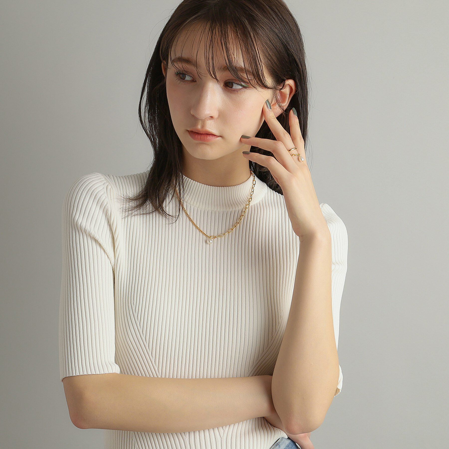 COCOSHNIK ONKITSCH「シルバー ミックスチェーン ケーブル・カーブ パールネックレス GP」|ネックレス|