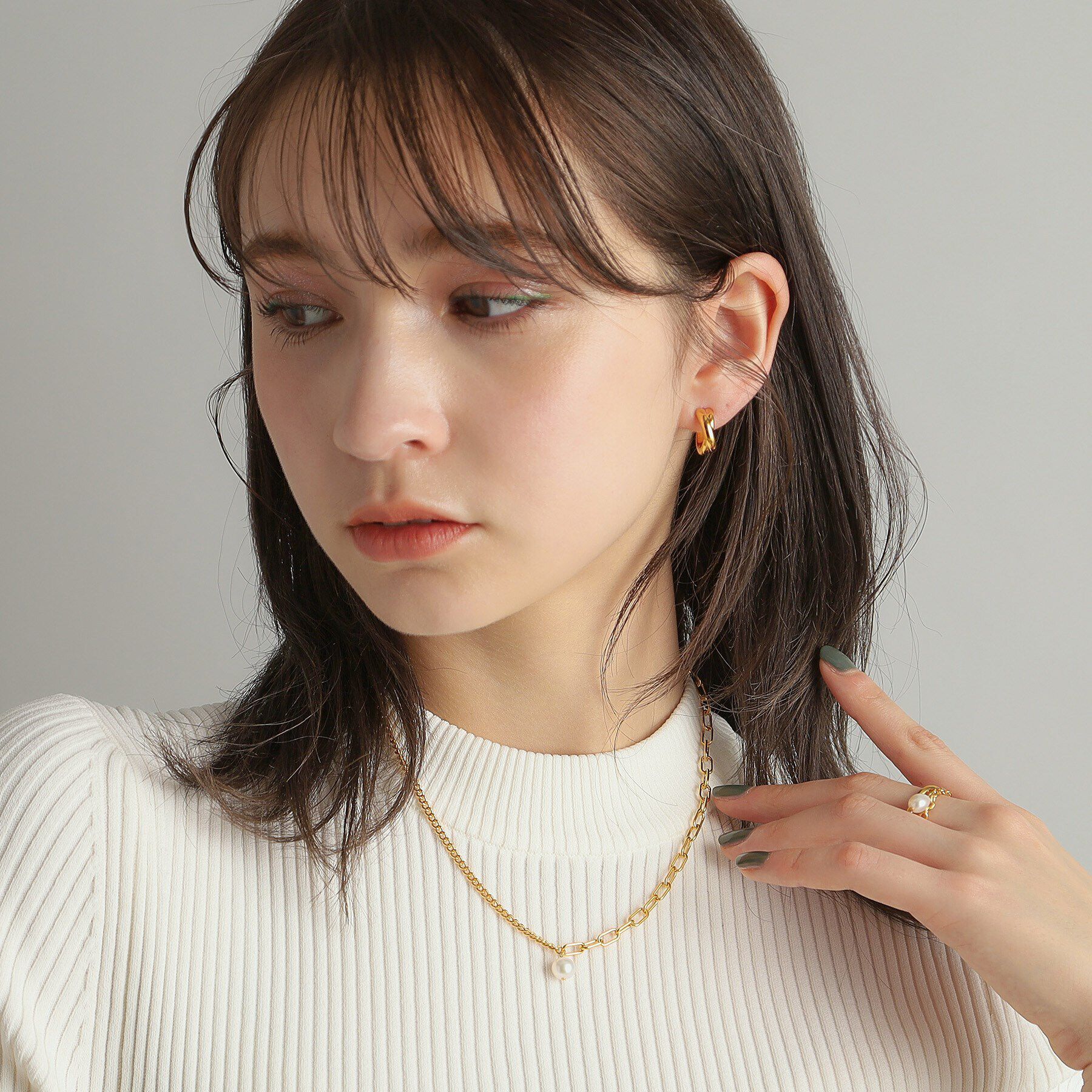 COCOSHNIK ONKITSCH「シルバー ミックスチェーン ケーブル・カーブ パールネックレス GP」|ネックレス|