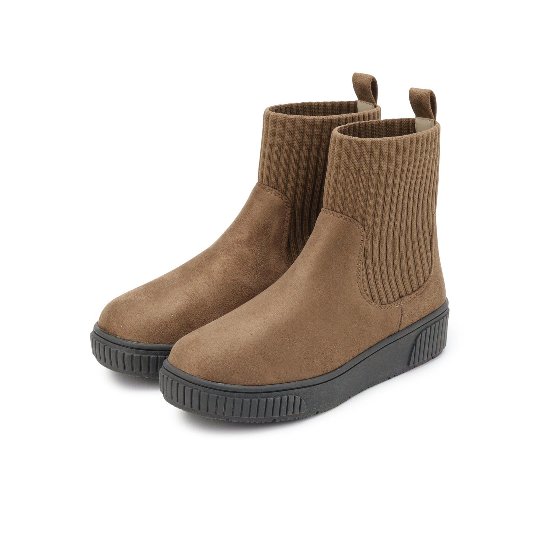 SHOO･LA･RUE「【高レビュー/撥水】すっぽりラクラク はきぐちニットブーツ」|ショートブーツ|キャメルブラウン(0