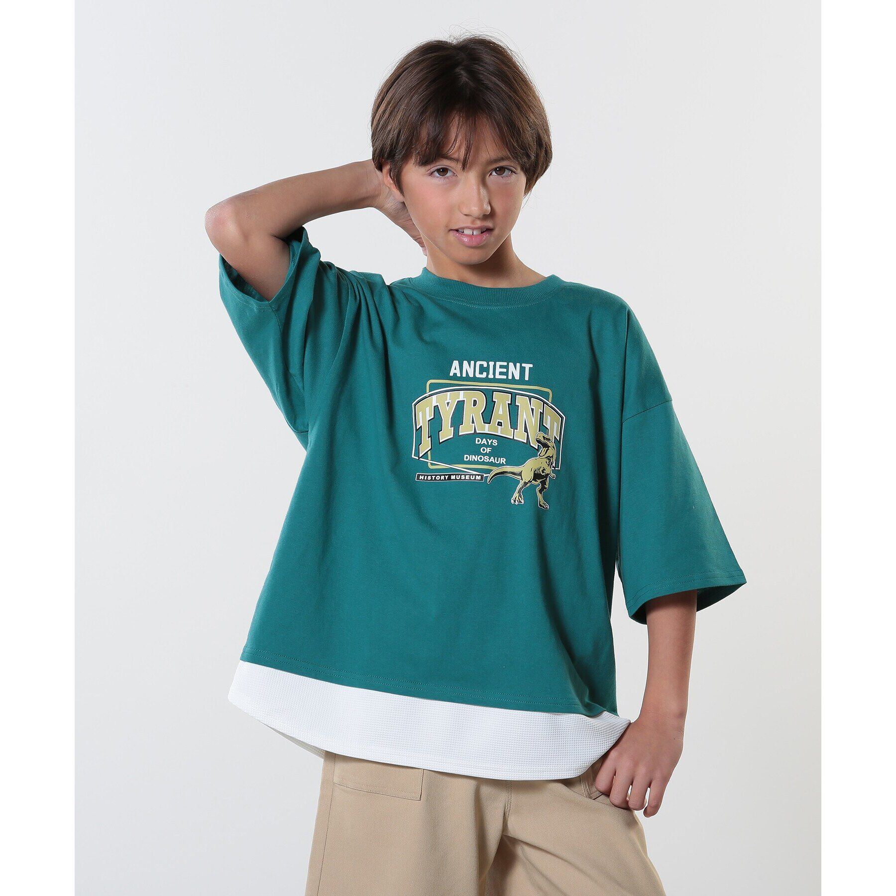 SHOO･LA･RUE「【100-150cm】アソートプリント裾レイヤード五分袖Tシャツ」|Tシャツ・カットソー|グリーン(022)