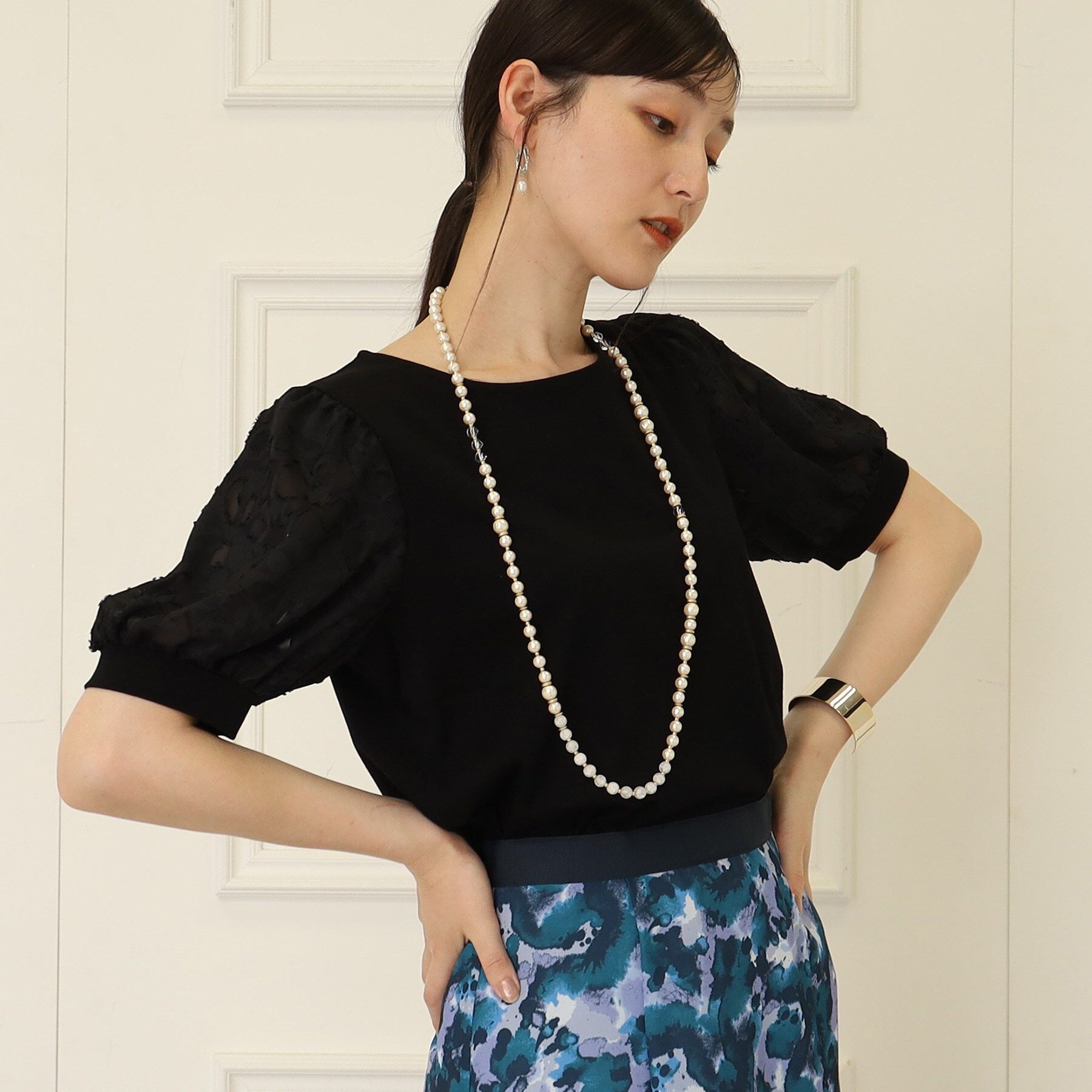 SunaUna「【接触冷感／袖ジャカード】レースドッキングプルオーバー」|Tシャツ・カットソー|ブラック(019)