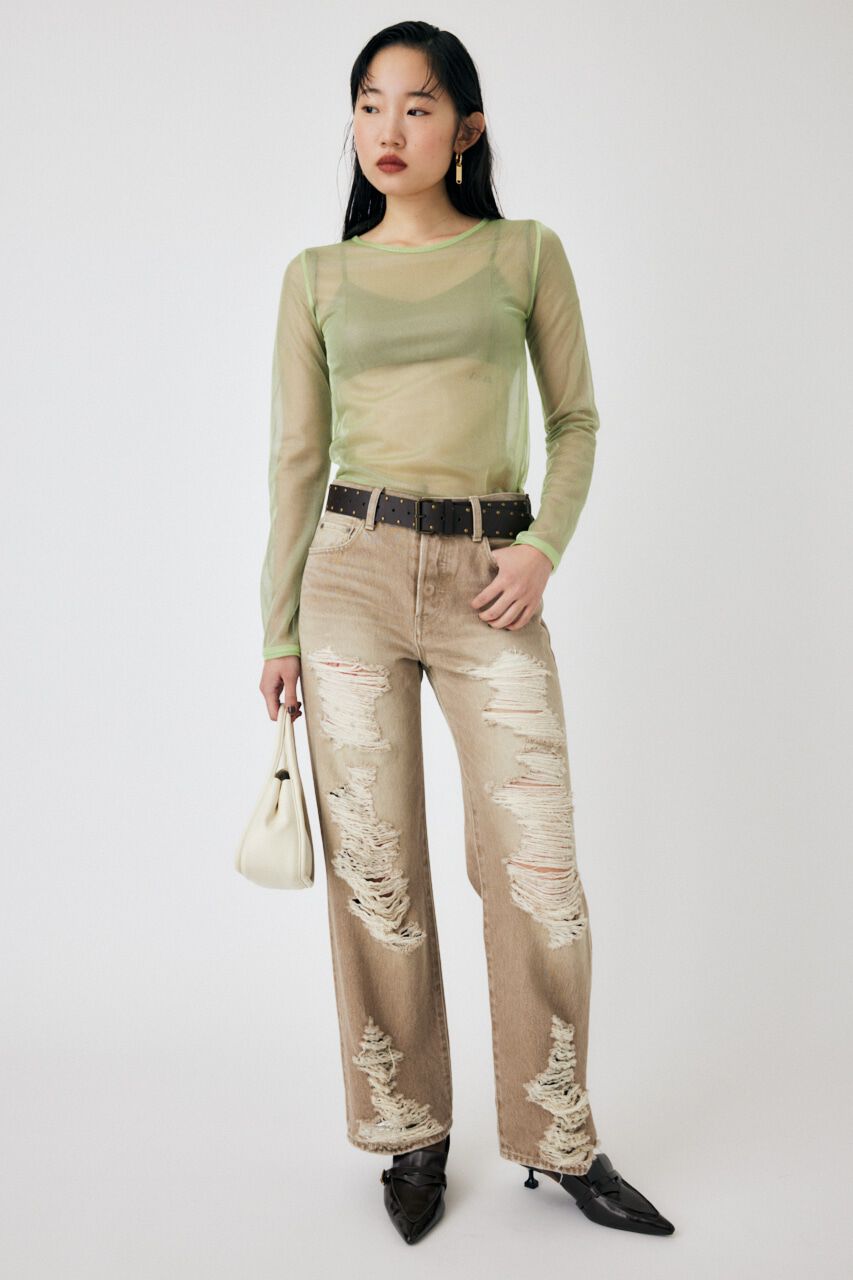 MOUSSY「REVERSIBLE GLITTER SHEER トップス」|Tシャツ・カットソー|L/GRN1