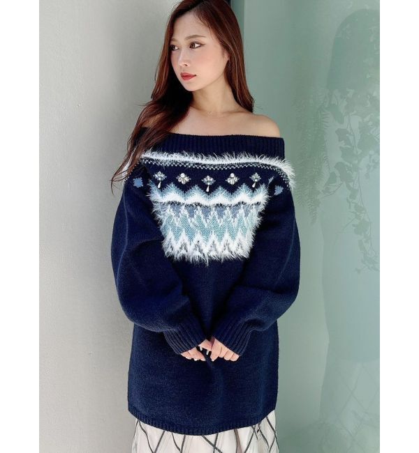 MERCURYDUO「ノルディック柄オフショルニットワンピース」|ワンピース|