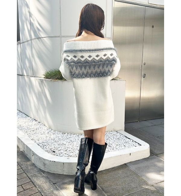 MERCURYDUO「ノルディック柄オフショルニットワンピース」|ワンピース|