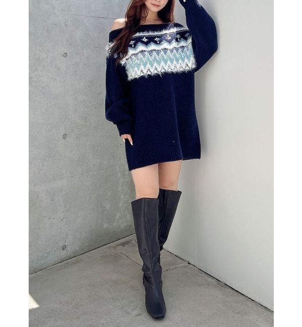 MERCURYDUO「ノルディック柄オフショルニットワンピース」|ワンピース|ネイビー