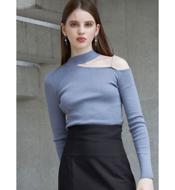 MERCURYDUO「ショルダーパールチェーンロングスリーブニット」|ニット・セーター|