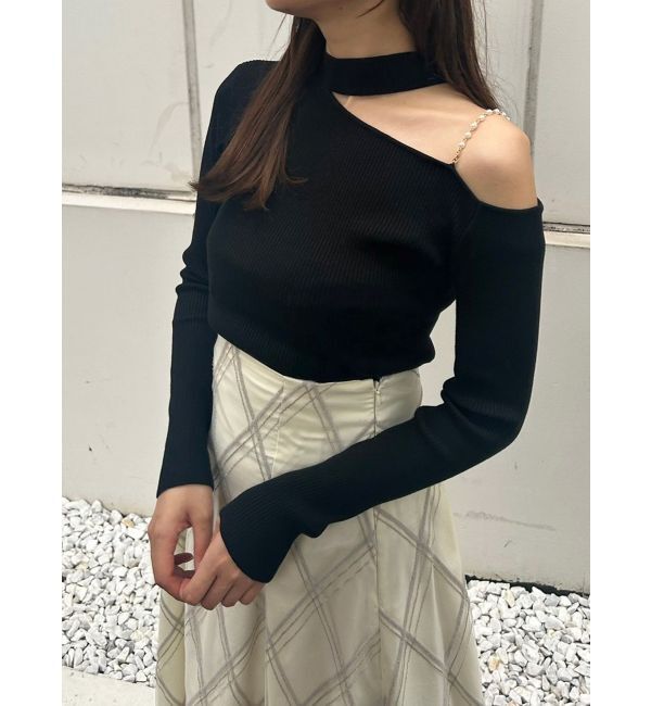 MERCURYDUO「ショルダーパールチェーンロングスリーブニット」|ニット・セーター|